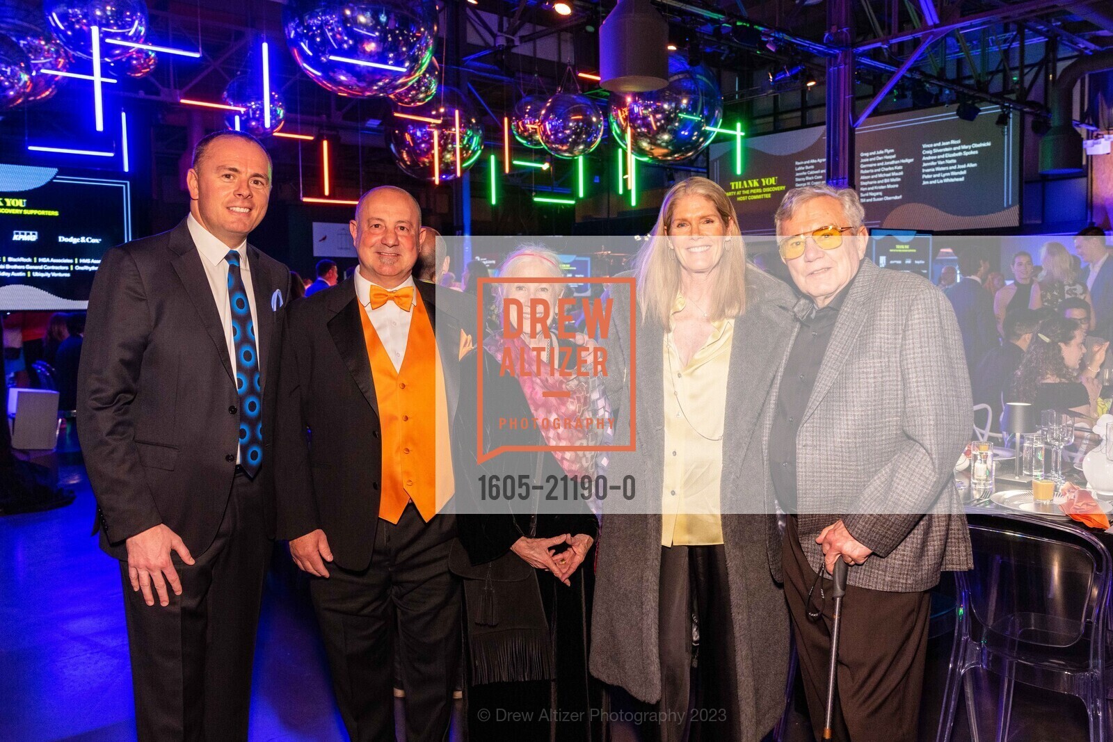 Yann Leconte, Francesco Longoni, Katherine Krause, Diane Longoni, Bernie Krause, Party at the Piers, Exploratorium @ Pier 15, SF, CA 94111 US. Exploratorium @ Pier 15, SF, CA 94111 US, May 5th, 2023, Photo #1605-21190-0 Yann Leconte, Francesco Longoni, Katherine Krause, Diane Longoni, Bernie Krause, Photo #1605-21190-0