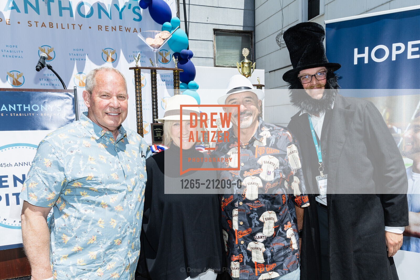Dale Carlson, Meagan Levitan, Paul Tonelli, Abraham Lincoln, St. Anthony's 45th Annual Penny Pitch 2023, 622 Green St, SF, CA 94133 US. 622 Green St, SF, CA 94133 US, May 12th, 2023, Photo #1265-21209-0 Dale Carlson, Meagan Levitan, Paul Tonelli, Abraham Lincoln, Photo #1265-21209-0