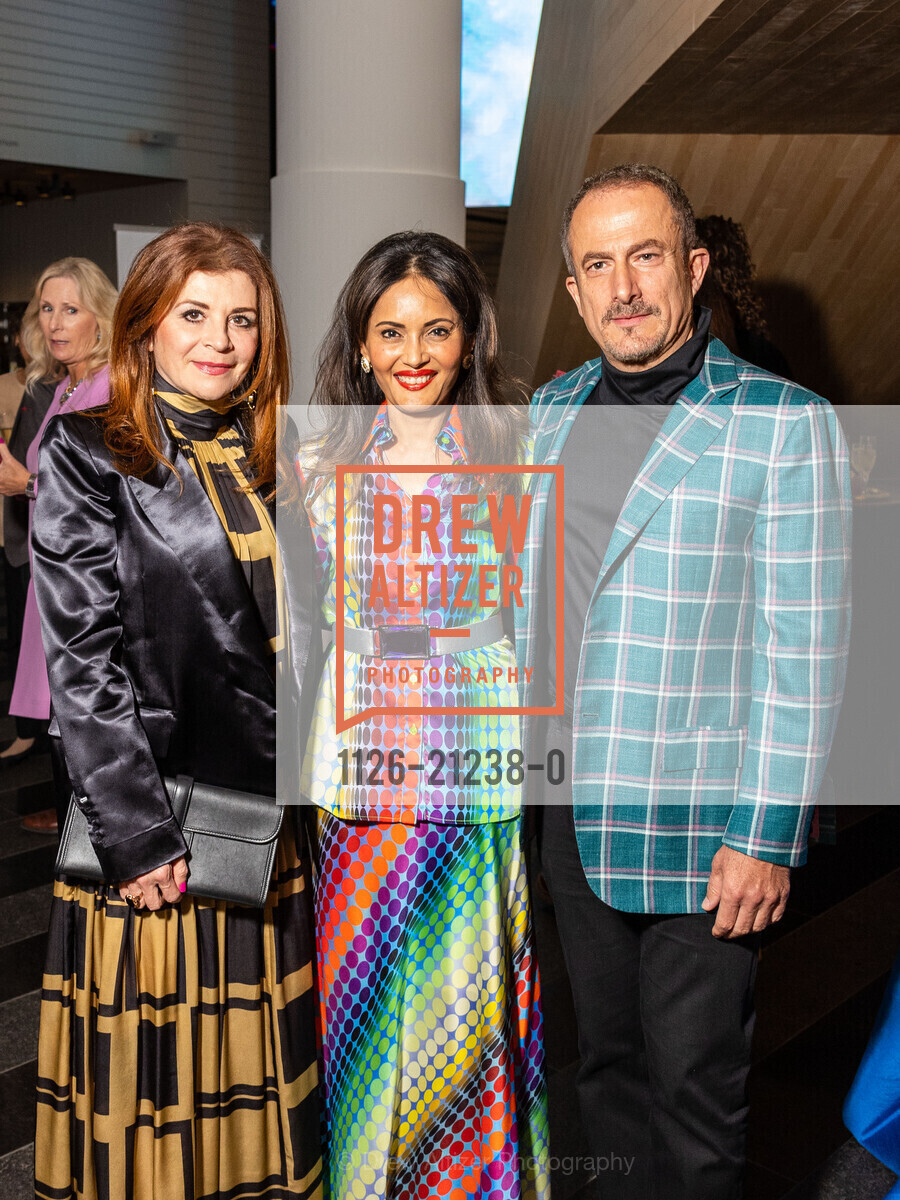 Farah Makras, Komal Shah, Jorge Maumer, San Francisco Launch of "Making Their Mark: Art by Women in the Shah Garg Collection" 2023, San Francisco Museum of Modern Art. 151 3rd Street, Photo #1126-21238-0 Farah Makras, Komal Shah, Jorge Maumer, Photo #1126-21238-0