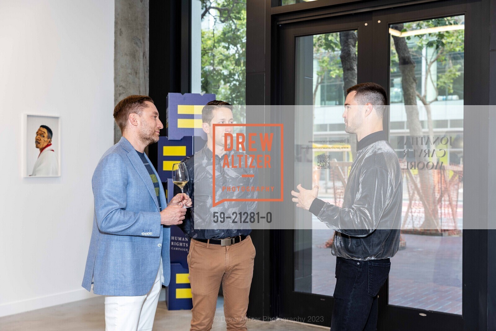 Brian McGuire, Jason Holstein, Joe Sangirardi, Human Rights Campaign Pride + Art Soiree at Jonathan Carver Moore, Jonathan Carver Moore @ 966 Market St, SF, CA 94102 US. Jonathan Carver Moore @ 966 Market St, SF, CA 94102 US, June 22nd, 2023, Photo #59-21281-0 Brian McGuire, Jason Holstein, Joe Sangirardi, Photo #59-21281-0