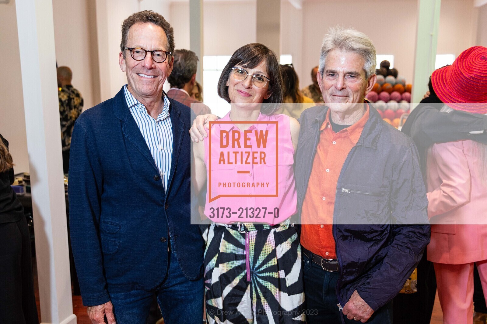 Alan Mark, Sarah Thornton, Jeffrey Fraenkel, Jessica Silverman Gallery's 15th Anniversary, Jessica Silverman @ 615 Grant Ave, SF, CA 94108 US. Jessica Silverman @ 615 Grant Ave, SF, CA 94108 US, August 18th, 2023, Photo #3173-21327-0 Alan Mark, Sarah Thornton, Jeffrey Fraenkel, Photo #3173-21327-0