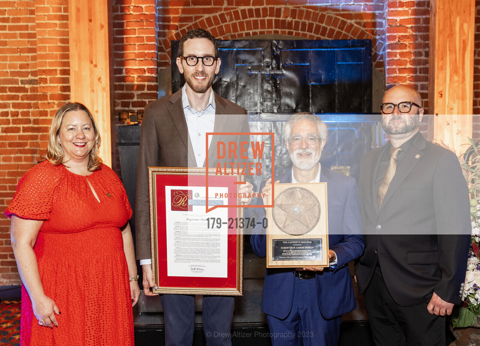 Amy Cacho, Scott Wiener, Aaron Peskin, Tony Roumph, Argonaut Hotel Sip & Sea 20th Anniversary Event, Sonia Sparks. 495 Jefferson St, SF, CA 94109 US, September 27th, 2023, Photo #179-21374-0 Amy Cacho, Scott Wiener, Aaron Peskin, Tony Roumph, Photo #179-21374-0