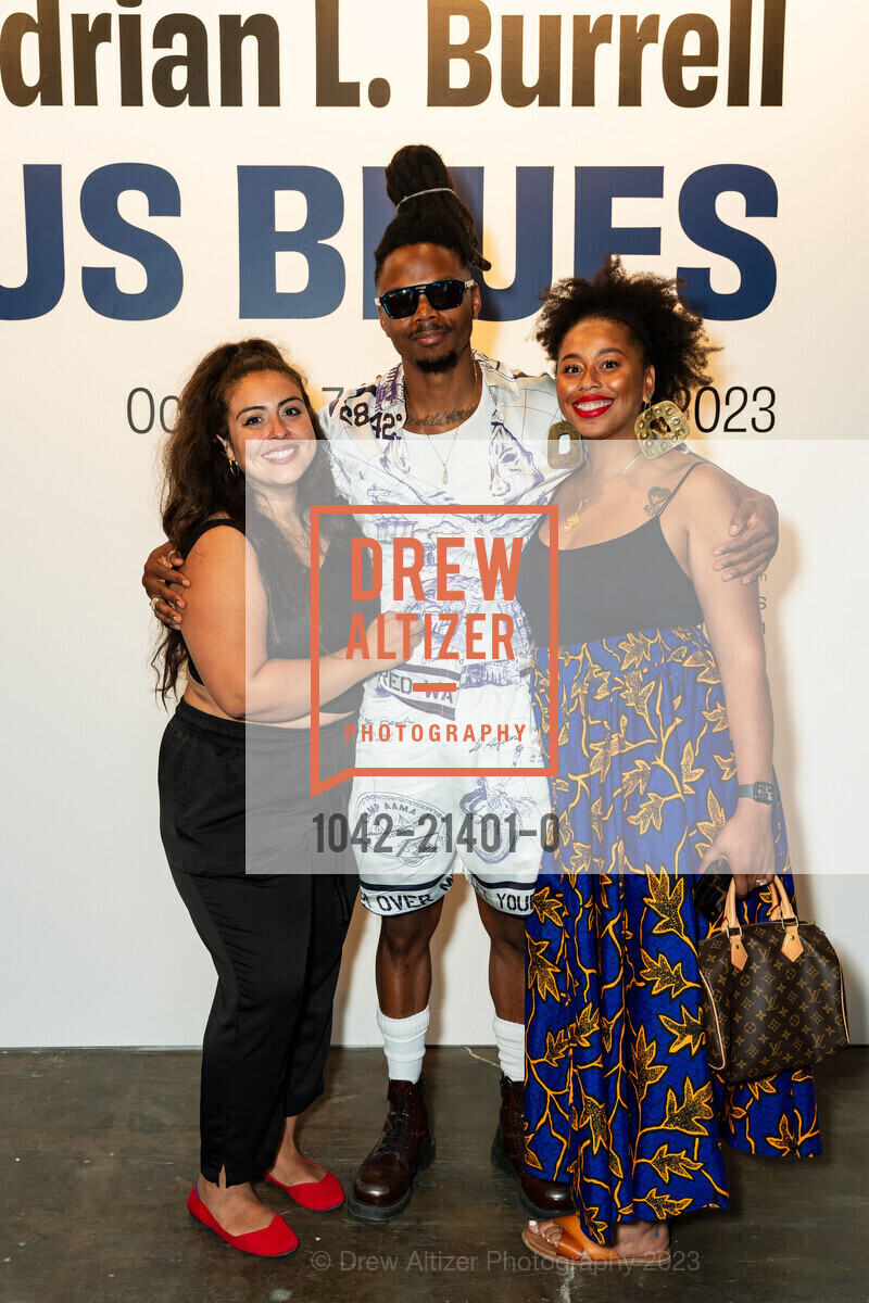 Karime Blanco, Adrian Burrell, Asada Harris, Adrian Burrell: Venus Blues VIP Exhibition at Minnesota St. Project, Minnesota Street Project Foundation Exhibition Warehouse. 1201 Minnesota St, SF, CA 94107 US, October 5th, 2023, Photo #1042-21401-0 Karime Blanco, Adrian Burrell, Asada Harris, Photo #1042-21401-0