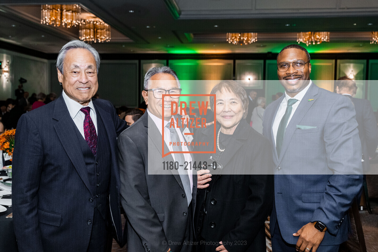 Tom Hoshiyama, Rodney Chin, Gaylene Hoshiyama, Derick Brown, 30th Annual Brennan Award Dinner, The Westin St. Francis San Francisco on Union Square. 335 Powell St, SF, CA 94102 US, October 26th, 2023, Photo #1180-21448-0 Tom Hoshiyama, Rodney Chin, Gaylene Hoshiyama, Derick Brown, Photo #1180-21448-0