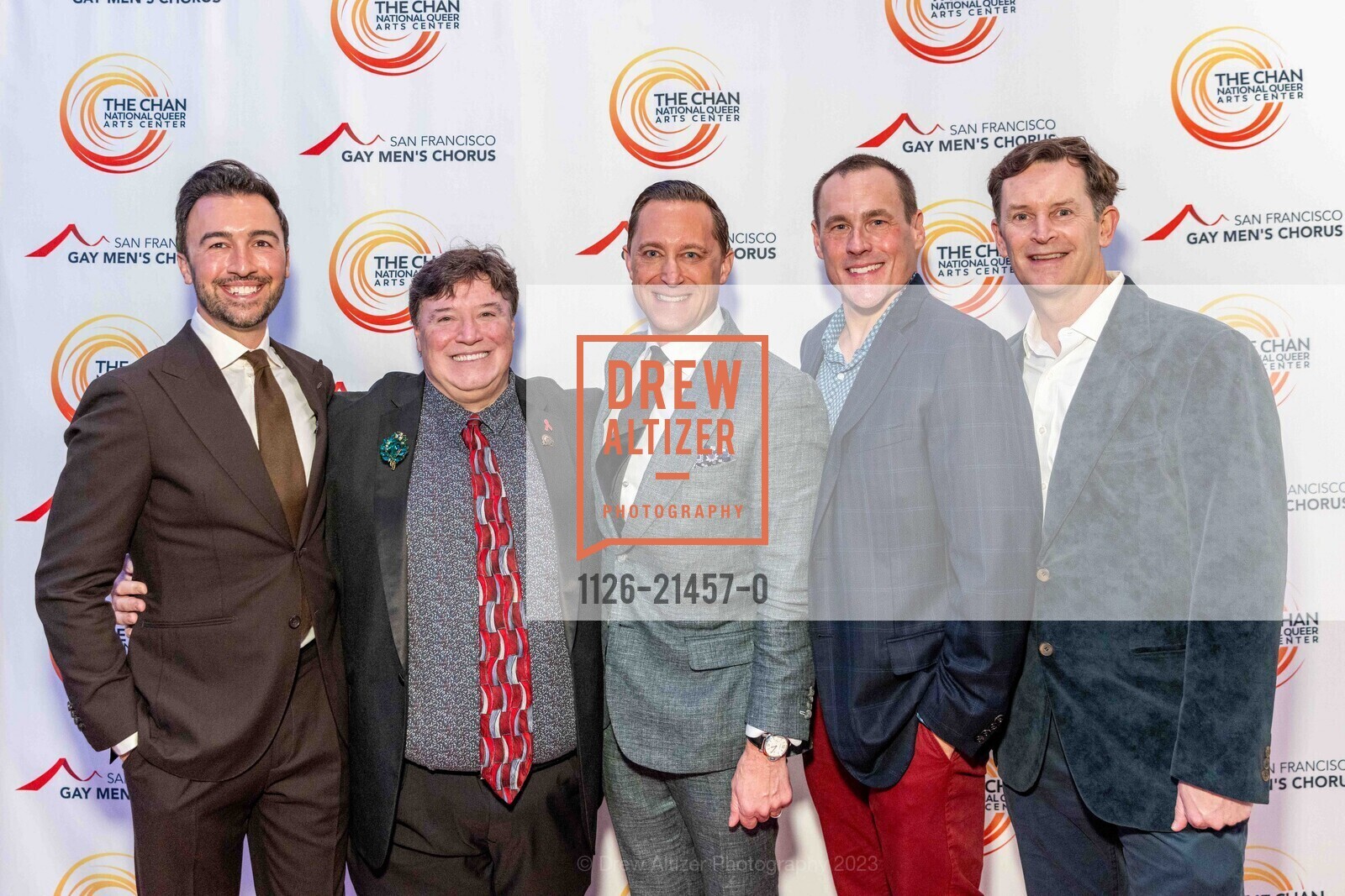 Jeremy Pelkey, Timothy Pavek, Sean Livingston, Glenn DeSandre, Pearce Wood, Opening Celebration for the Chan National Queer Arts Center, Chan National Queer Arts Center. 170 Valencia St, SF, CA 94103 US, October 28th, 2023, Photo #1126-21457-0 Jeremy Pelkey, Timothy Pavek, Sean Livingston, Glenn DeSandre, Pearce Wood, Photo #1126-21457-0