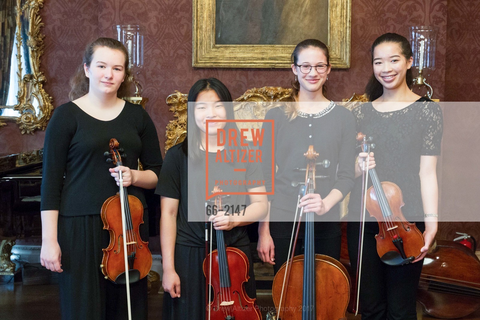 Anna Renton, Jun Liu, Isabel Nichols, Sophia Matthews, Gordon and Ann Getty Host the Crowden School 10 year anniversary John Adams Young Composers Program, Private Residence, May 3rd, 2017, Photo #66-2147 Anna Renton, Jun Liu, Isabel Nichols, Sophia Matthews, Photo #66-2147
