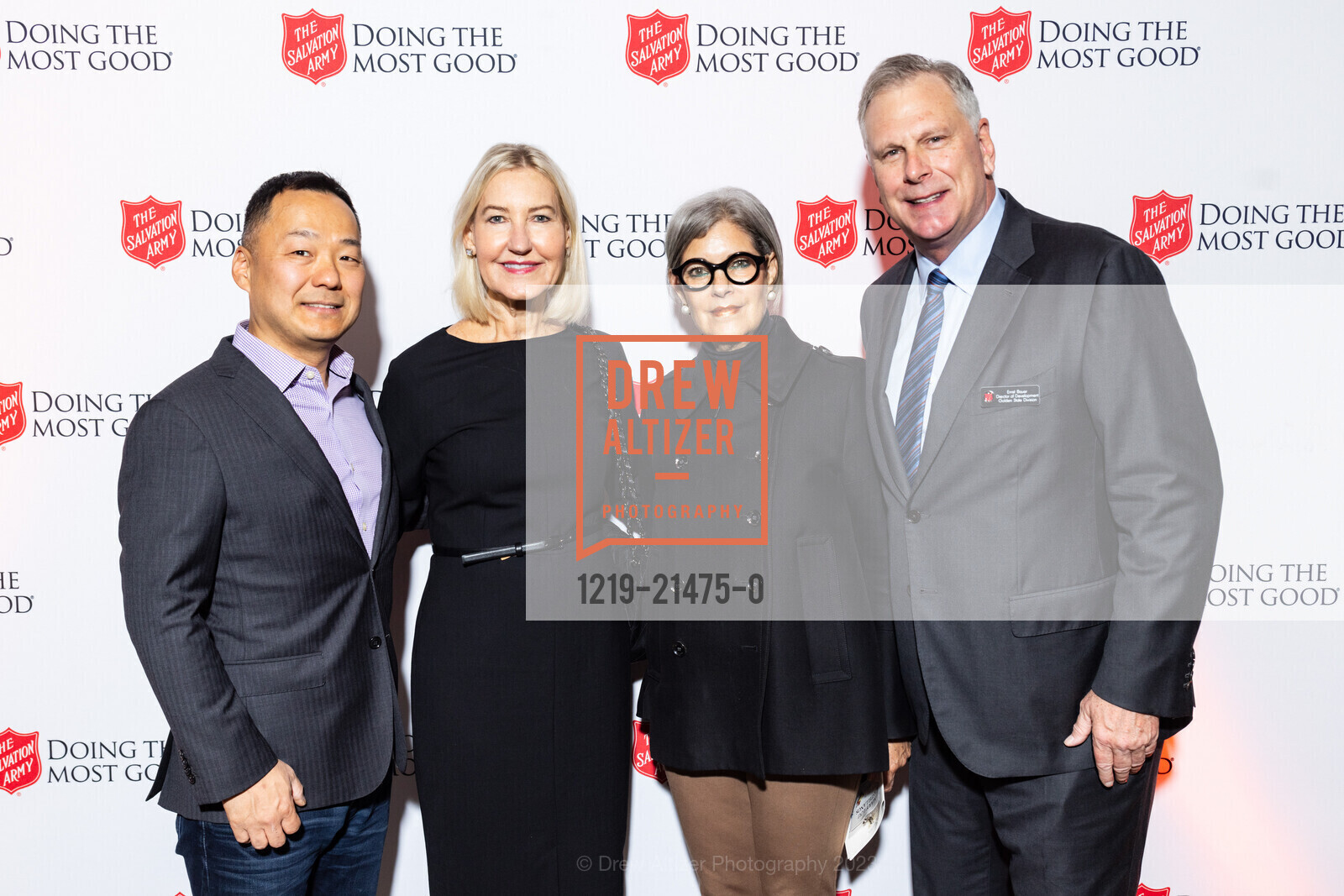 Tim Eun, Kathryn Lawrence, Mary Lou Castellanos, Ernst Bauer, Salvation Army's Holiday Luncheon, The Hibernia. 1 Jones St, SF, CA 94102 US, November 8th, 2023, Photo #1219-21475-0 Tim Eun, Kathryn Lawrence, Mary Lou Castellanos, Ernst Bauer, Photo #1219-21475-0