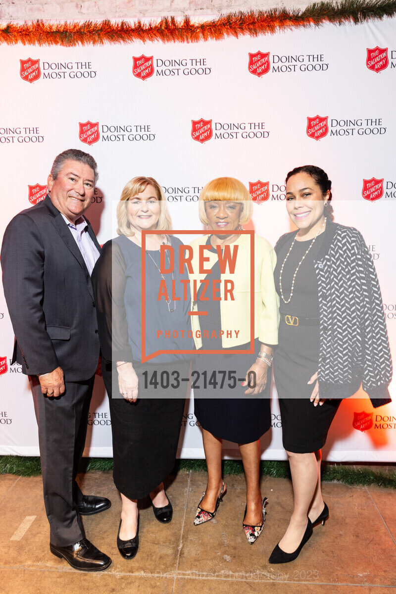 Chuck Shreve, Joanne Schultz, Brenda Wright, Hydra Mendoza, Salvation Army's Holiday Luncheon, The Hibernia. 1 Jones St, SF, CA 94102 US, November 8th, 2023, Photo #1403-21475-0 Chuck Shreve, Joanne Schultz, Brenda Wright, Hydra Mendoza, Photo #1403-21475-0