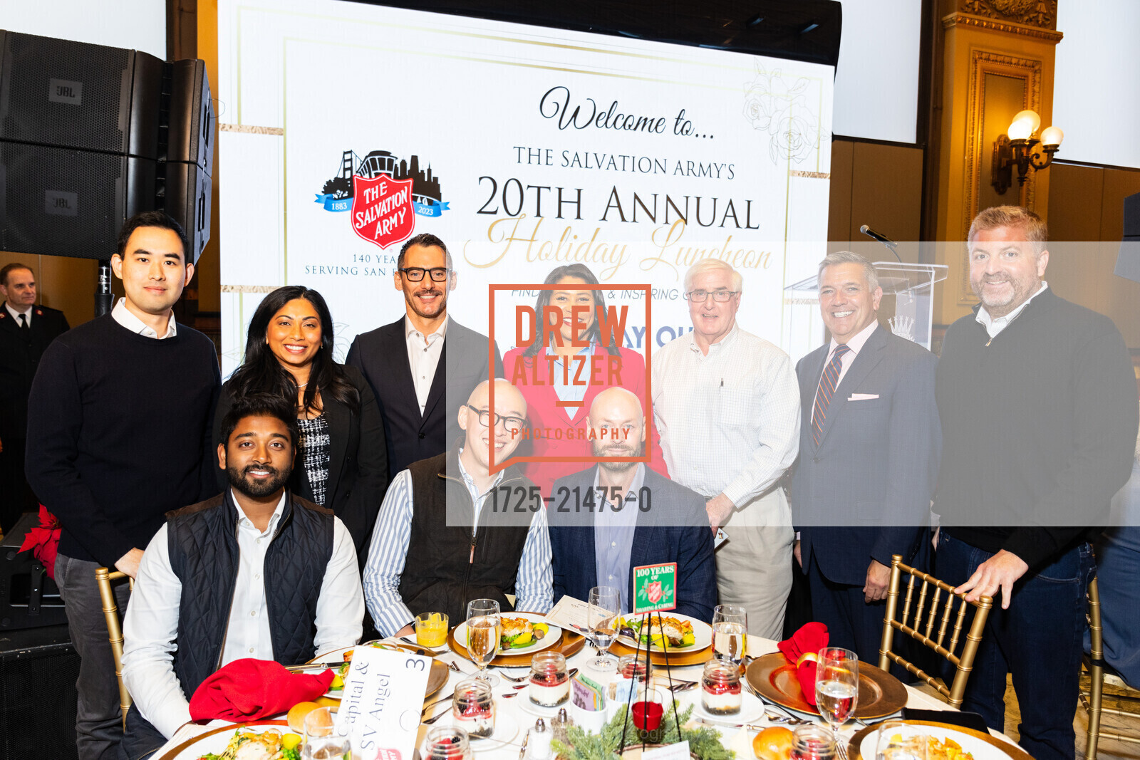 Steven Lee, Sourav Gupta, Kanishka Cheng, David Owen, Jay Cheng, London Breed, Tony Winnicker, Ron Conway, Matt Dorsey, Salvation Army's Holiday Luncheon, The Hibernia. 1 Jones St, SF, CA 94102 US, November 8th, 2023, Photo #1725-21475-0 Steven Lee, Sourav Gupta, Kanishka Cheng, David Owen, Jay Cheng, London Breed, Tony Winnicker, Ron Conway, Matt Dorsey, Photo #1725-21475-0