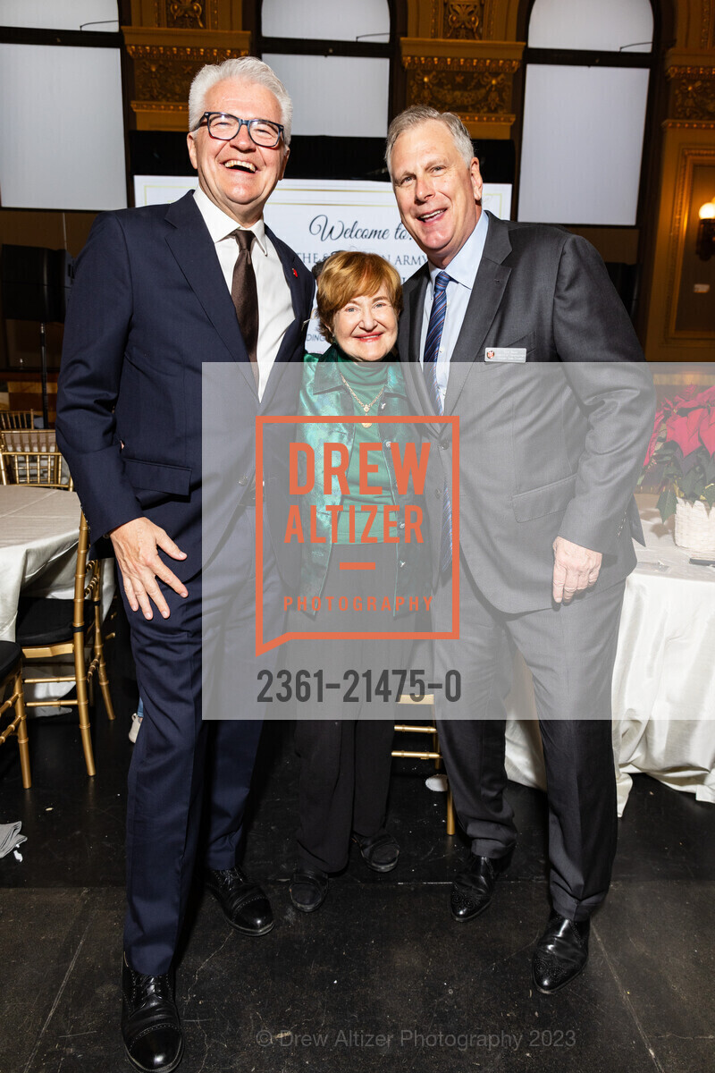Doug Person, Christine Torrington, Ernst Bauer, Salvation Army's Holiday Luncheon, The Hibernia. 1 Jones St, SF, CA 94102 US, November 8th, 2023, Photo #2361-21475-0 Doug Person, Christine Torrington, Ernst Bauer, Photo #2361-21475-0