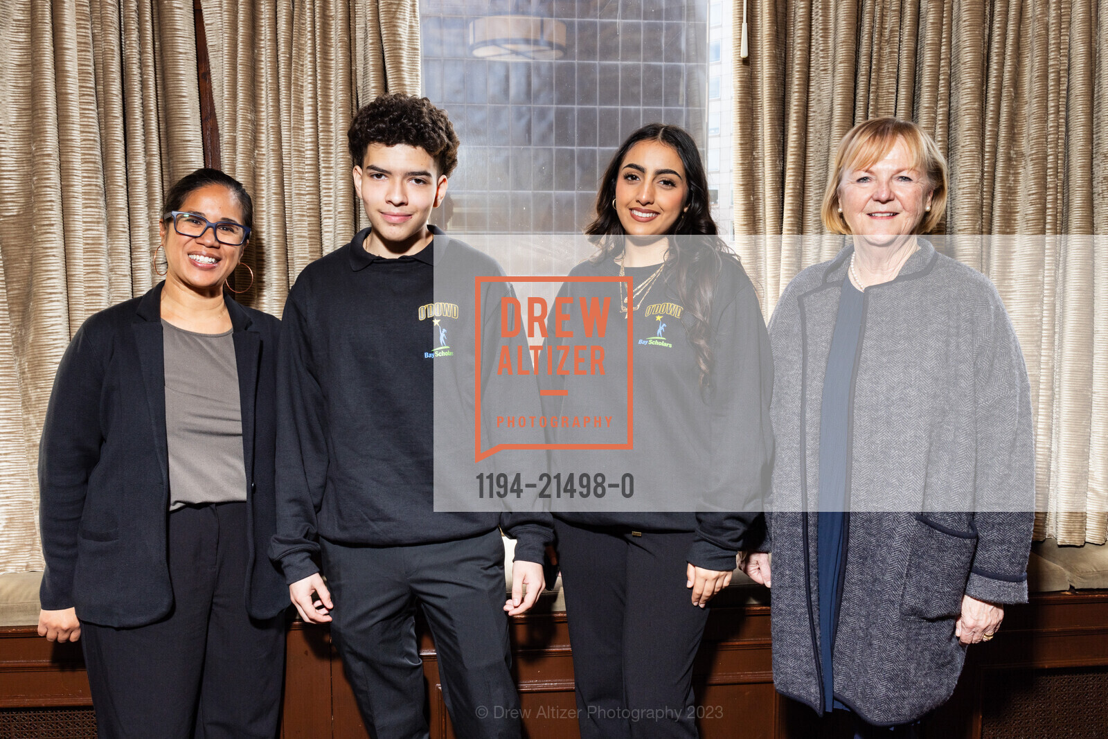 Anto Sweeney, Abraham Briseno, Sara Topete, Fran Warmerdam, Bay Scholars Annual Thanksgiving Luncheon, The Julia Morgan Ballroom. 465 California St, San Francisco, CA 94104, November 17th, 2023, Photo #1194-21498-0 Anto Sweeney, Abraham Briseno, Sara Topete, Fran Warmerdam, Photo #1194-21498-0