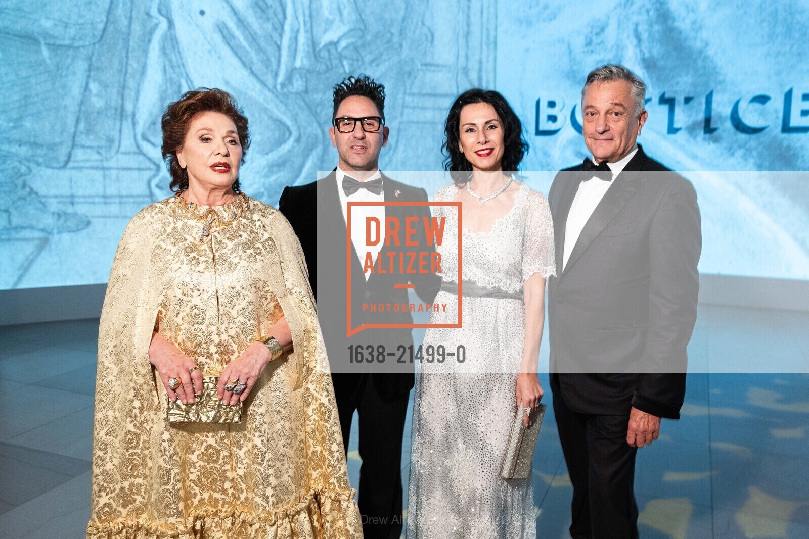 Maria Manetti Shrem, Mauro Aprile Zanetti, Eva Zanetti, Paul Weaver, Botticelli Drawings Black Tie Dinner, Legion of Honor. 100 34th Ave, SF, CA 94121 US, November 17th, 2023, Photo #1638-21499-0 Maria Manetti Shrem, Mauro Aprile Zanetti, Eva Zanetti, Paul Weaver, Photo #1638-21499-0
