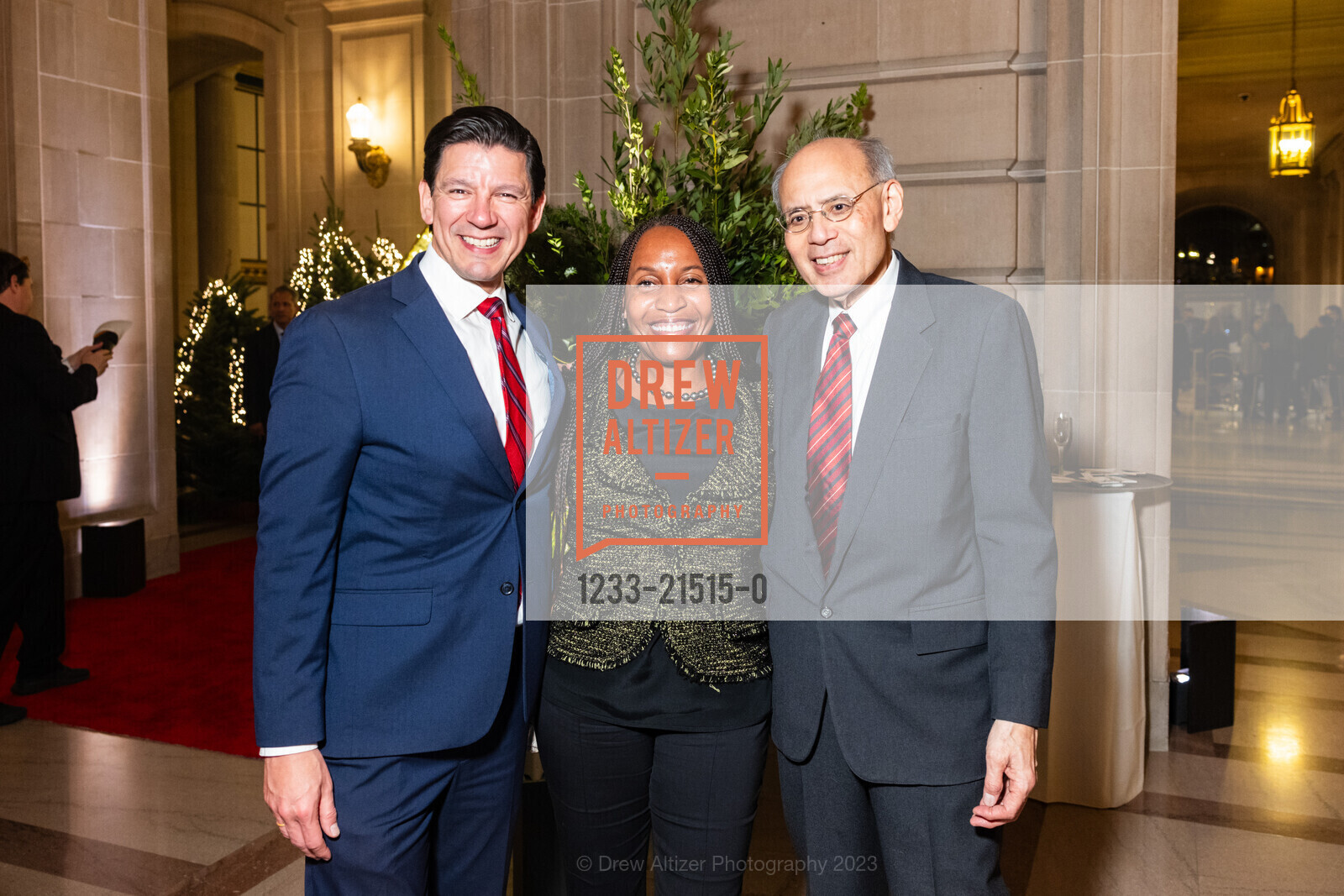 Joaquín Torres, Jeannette Fisher-Kouadio, Bill Lee, Consular Corps Holiday Party 2023, San Francisco City Hall. 1 Dr Carlton B Goodlett Pl, San Francisco, California 94102 US, December 6th, 2023, Photo #1233-21515-0 Joaquín Torres, Jeannette Fisher-Kouadio, Bill Lee, Photo #1233-21515-0
