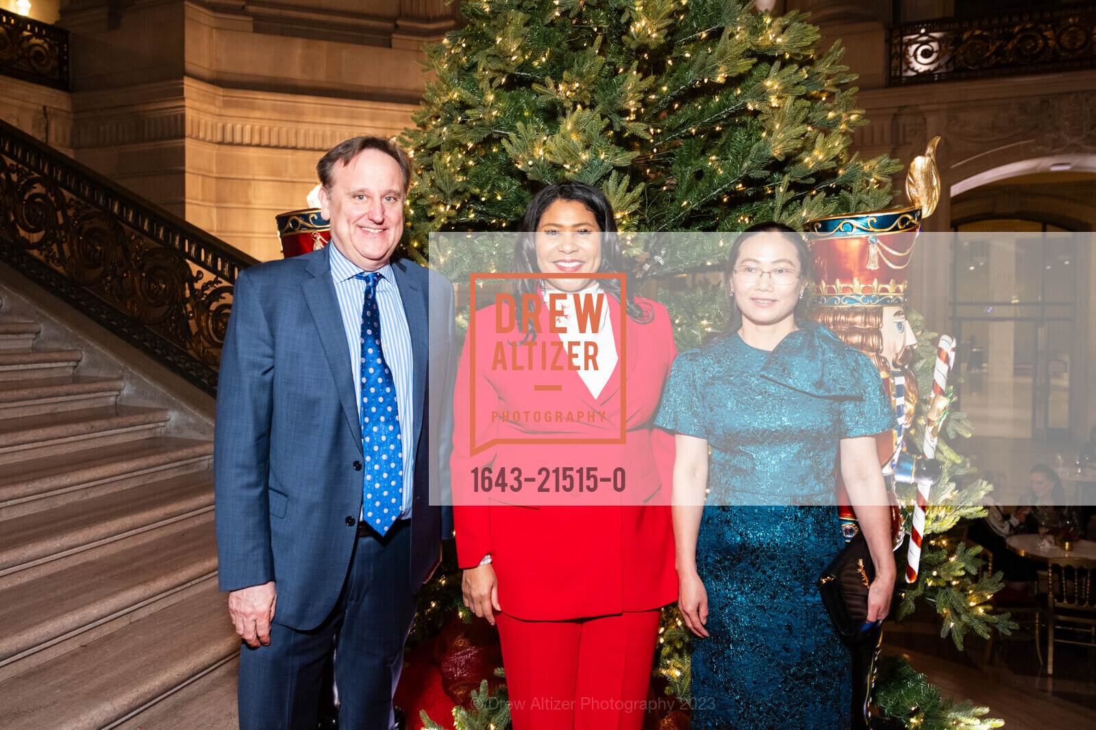 John Fullen, London Breed, Xiaolan Lu, Consular Corps Holiday Party 2023, San Francisco City Hall. 1 Dr Carlton B Goodlett Pl, San Francisco, California 94102 US, December 6th, 2023, Photo #1643-21515-0 John Fullen, London Breed, Xiaolan Lu, Photo #1643-21515-0