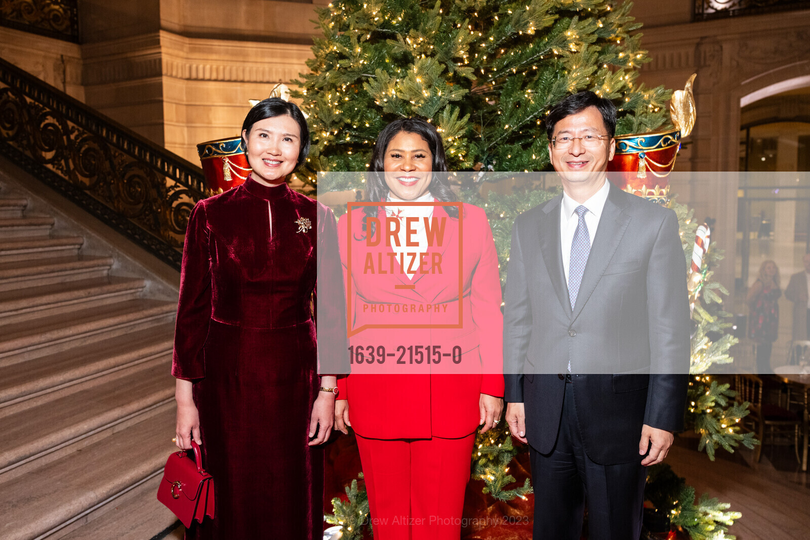 Kathy Zhang, London Breed, Jianmin Zhang, Consular Corps Holiday Party 2023, San Francisco City Hall. 1 Dr Carlton B Goodlett Pl, San Francisco, California 94102 US, December 6th, 2023, Photo #1639-21515-0 Kathy Zhang, London Breed, Jianmin Zhang, Photo #1639-21515-0