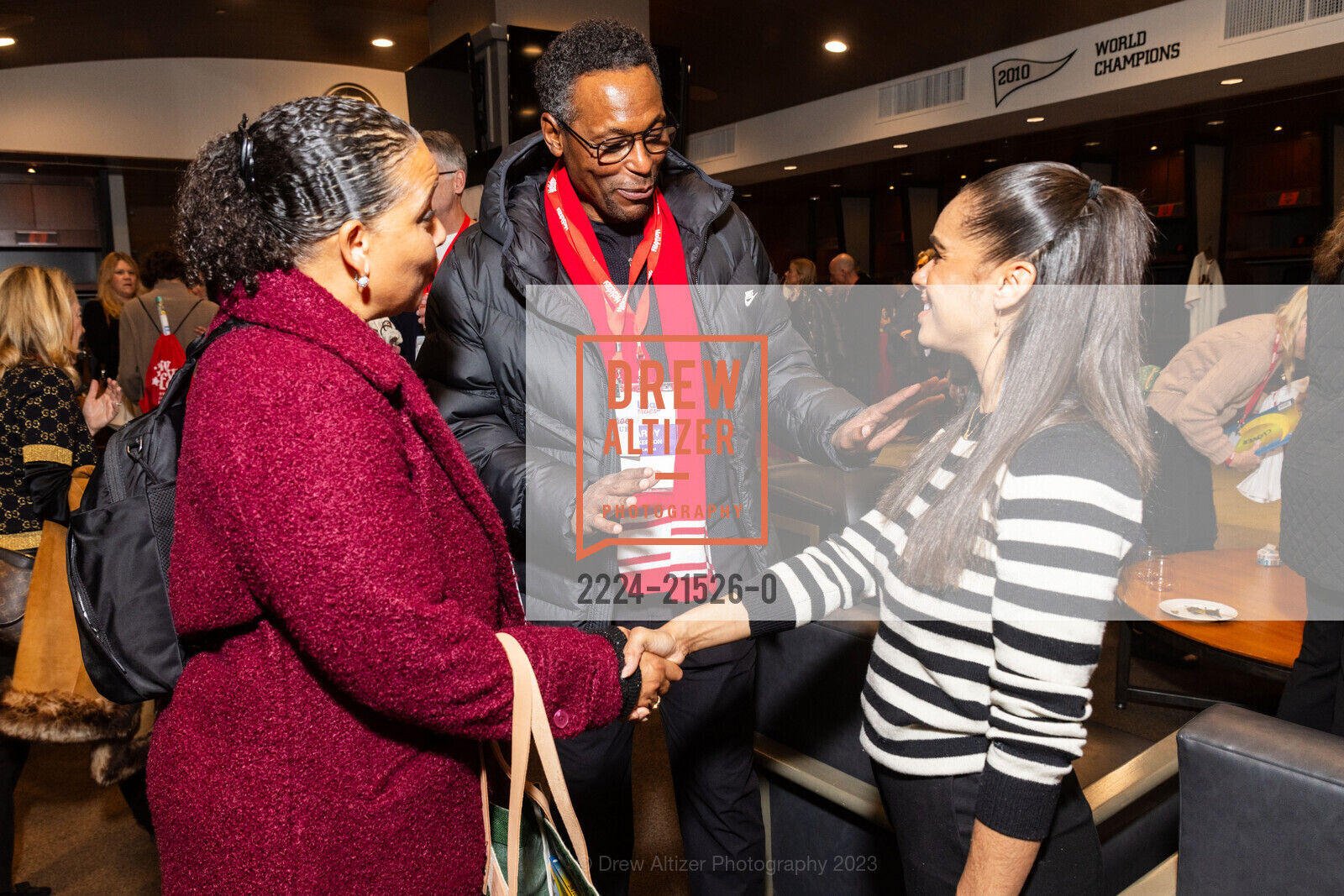 Amy Nickerson, Hardy Nickerson, Misty Copeland, Holiday Heroes 2023, Oracle Park. 24 Willie Mays Plaza, SF, CA 94107 US, December 12th, 2023, Photo #2224-21526-0 Amy Nickerson, Hardy Nickerson, Misty Copeland, Photo #2224-21526-0