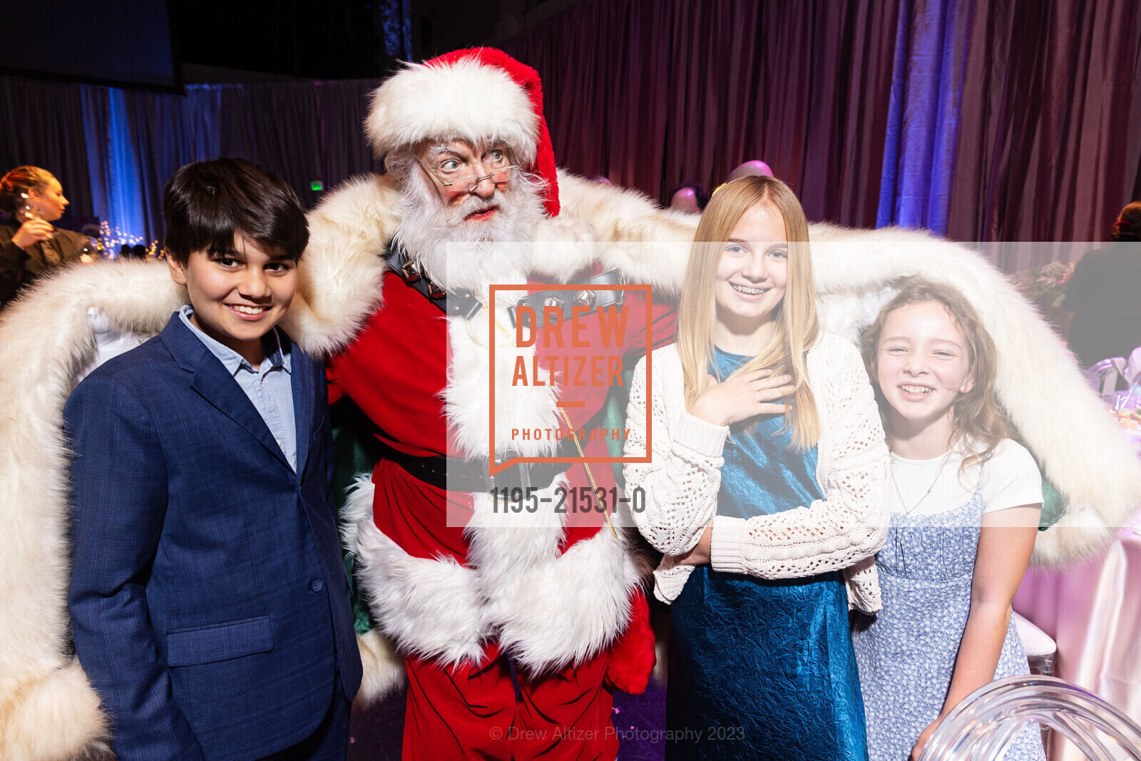Callum Jones, Santa Claus, Amelia Sullivan-Busk, Lillian Kimball, San Francisco Ballet's Nutcracker Luncheon, Zellerbach Rehearsal Hall. 300 Franklin St, SF, CA 94102 US, December 16th, 2023, Photo #1195-21531-0 Callum Jones, Santa Claus, Amelia Sullivan-Busk, Lillian Kimball, Photo #1195-21531-0