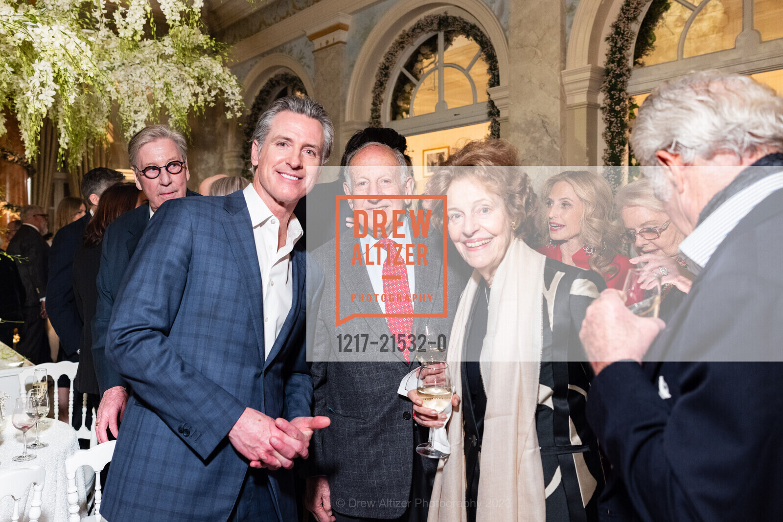 Gavin Newsom, Ronald George, Barbara George, Gordon Getty's 90th Birthday Party, Private Residence, December 16th, 2023, Photo #1217-21532-0 Gavin Newsom, Ronald George, Barbara George, Photo #1217-21532-0