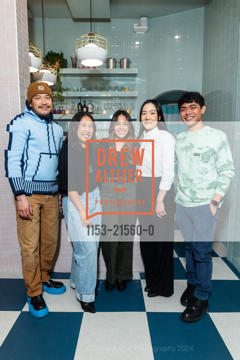 Tyson Lee, Toune Saengsoury, Tiara Fukui, Eunice Koo, Matthew Tuquero, AAPIDA NorCal Launch with designer Noz Nozawa, Hilda and Jesse. 701 Union St, SF, CA 94133 US, January 31st, 2024, Photo #1153-21560-0 Tyson Lee, Toune Saengsoury, Tiara Fukui, Eunice Koo, Matthew Tuquero, Photo #1153-21560-0
