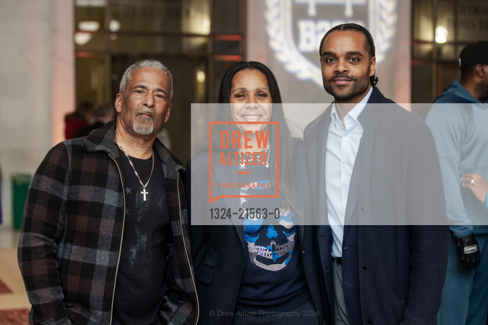 James Spingola, Sheryl Davis, Ezra Ezzard, Black 2 San Francisco Closing Reception 2024, SF City Hall North Light Court. 1 Dr Carlton B Goodlett Pl, SF, CA 94102 US, February 2nd, 2024, Photo #1324-21563-0 James Spingola, Sheryl Davis, Ezra Ezzard, Photo #1324-21563-0