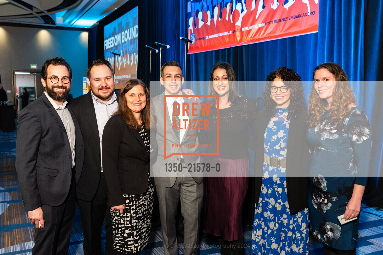 Matt Stark, Jason Yu, Lacey Bangle, Andres Carrillo, Anjali Kulkarni, Julie Harper, Johanna Jacob, LCCR’s 37th Annual Dr. Martin Luther King Jr. Awards 2024, Hyatt Regency San Francisco. 5 Embarcadero Ctr, SF, CA 94111 US, February 15th, 2024, Photo #1350-21578-0 Matt Stark, Jason Yu, Lacey Bangle, Andres Carrillo, Anjali Kulkarni, Julie Harper, Johanna Jacob, Photo #1350-21578-0