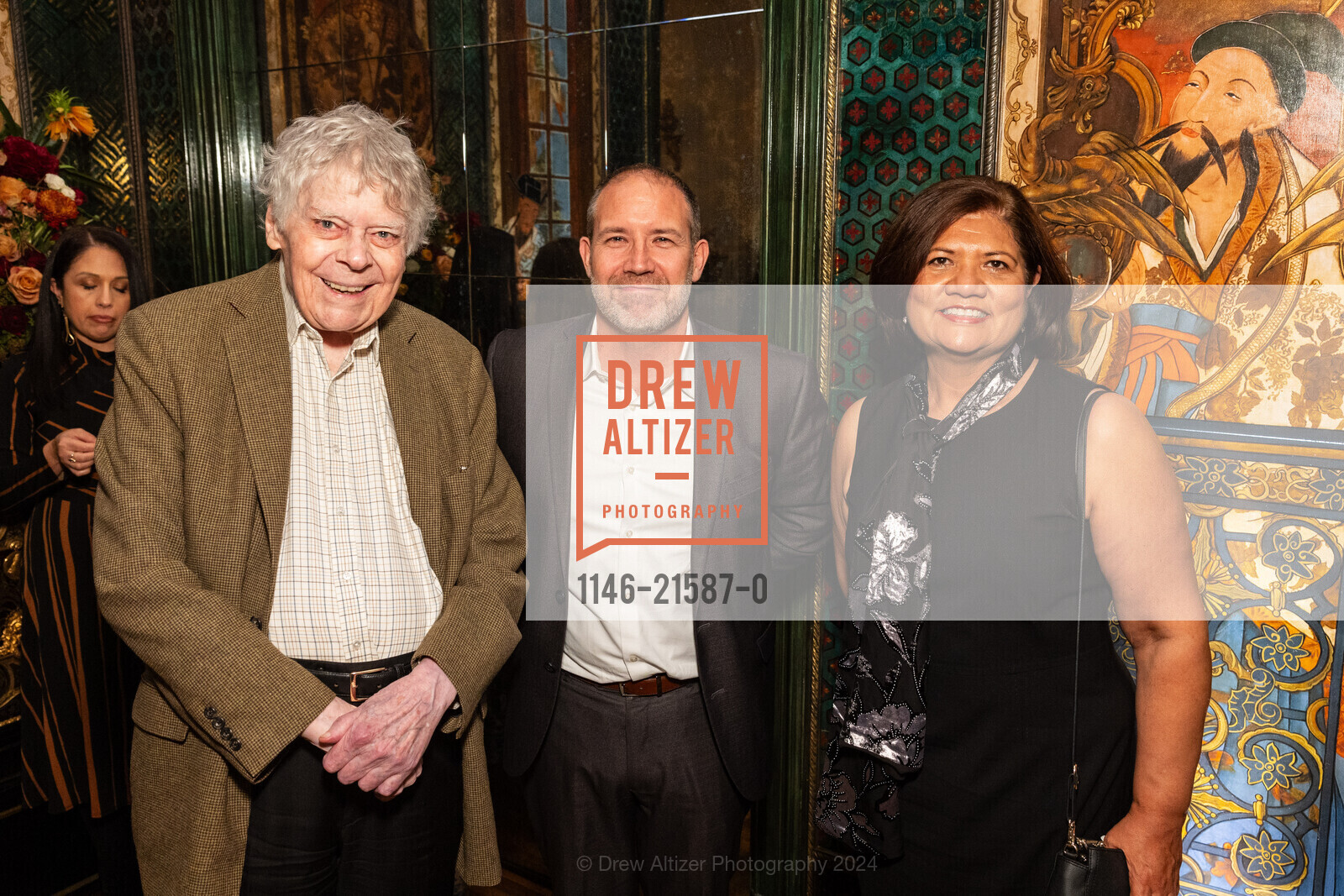 Gordon P. Getty, Alex Quest, Jackie De Anda, San Francisco Opera Guild Donor Appreciation Reception and Recital, Getty Residence. 2880 Broadway, SF, CA 94123 US, February 22nd, 2024, Photo #1146-21587-0 Gordon P. Getty, Alex Quest, Jackie De Anda, Photo #1146-21587-0