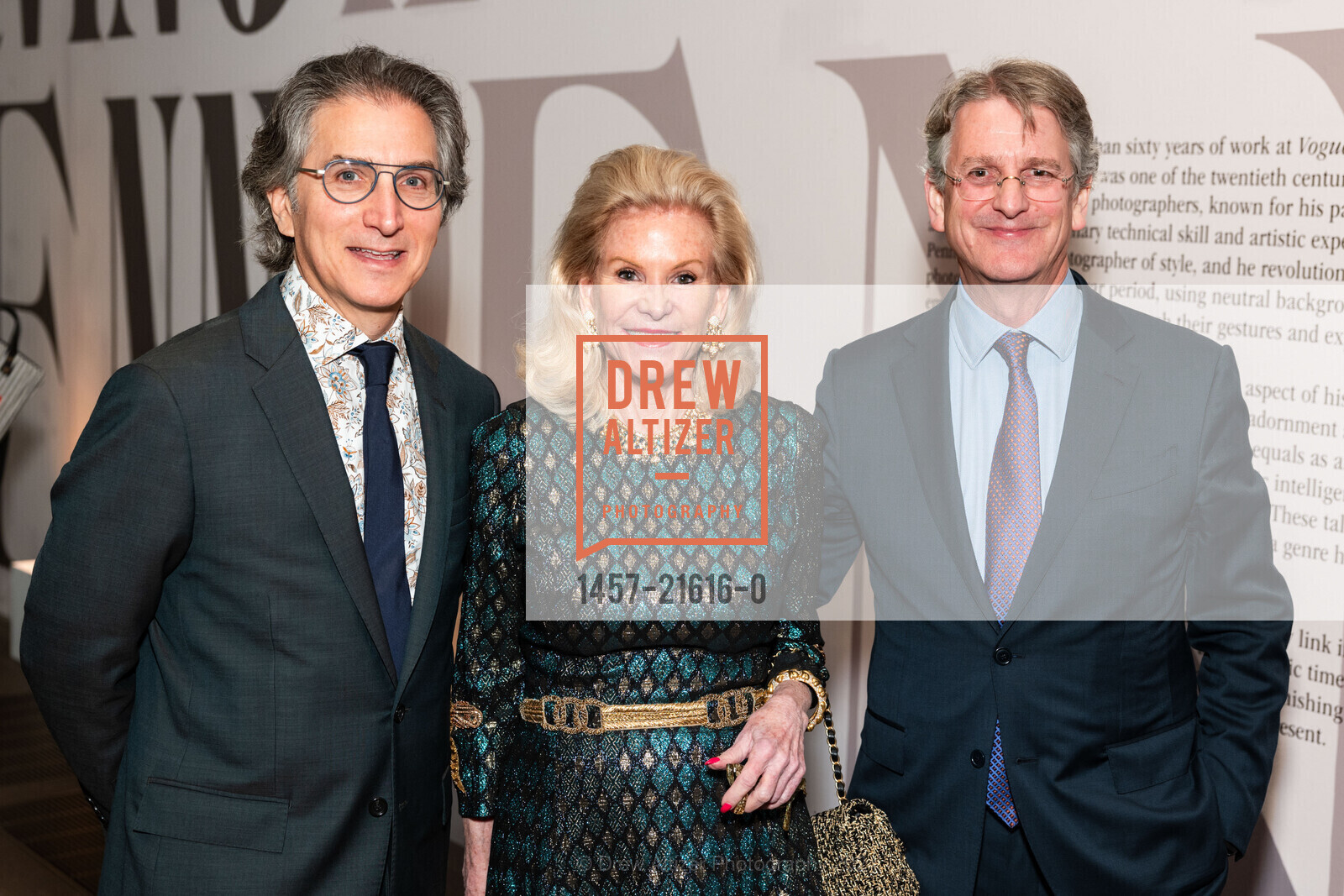Jeff Rosenheim, Dede Wilsey, Tom Campbell, Irving Penn & Fashioning SF: Donor Opening Reception, de Young Museum. 50 Hagiwara Tea Garden Dr, SF, CA 94118 US, March 14th, 2024, Photo #1457-21616-0 Jeff Rosenheim, Dede Wilsey, Tom Campbell, Photo #1457-21616-0