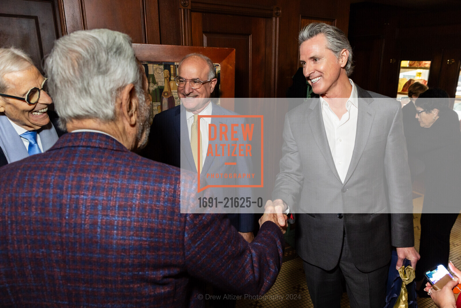 Victor Makras, Gavin Newsom, Willie L. Brown, Jr. Birthday Celebration, Harris' Restaurant - The San Francisco Steakhouse. 2100 Van Ness Ave, SF, CA 94109 US, March 20th, 2024, Photo #1691-21625-0 Victor Makras, Gavin Newsom, Photo #1691-21625-0