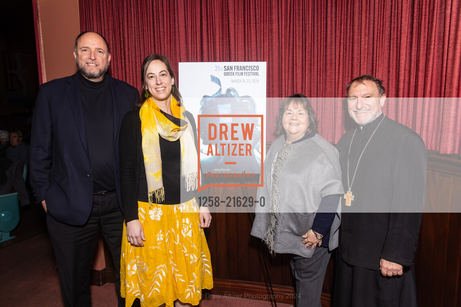 Timothy Patitsas, Thomaida Hudanish, Valerie Metrakos, Father Aris Metrakos, Closing Night for 2024 SF Greek Film Festival, Delancey Screening Room. 600 The Embarcadero, SF, CA 94107 US, March 23rd, 2024, Photo #1258-21629-0 Timothy Patitsas, Thomaida Hudanish, Valerie Metrakos, Father Aris Metrakos, Photo #1258-21629-0