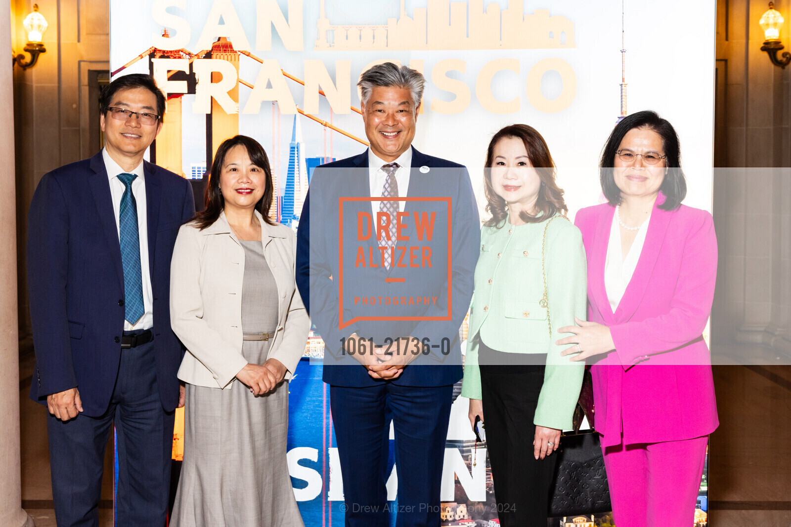 Joseph Lo, Angela Wu, Rodney Fong, Sally Lo, Jen Zheng, San Francisco-Shanghai Sister City 45th Anniversary Celebration at City Hall, San Francisco City Hall. 1 Dr Carlton B Goodlett Pl, SF, CA 94102 US, May 21st, 2024, Photo #1061-21736-0 Joseph Lo, Angela Wu, Rodney Fong, Sally Lo, Jen Zheng, Photo #1061-21736-0