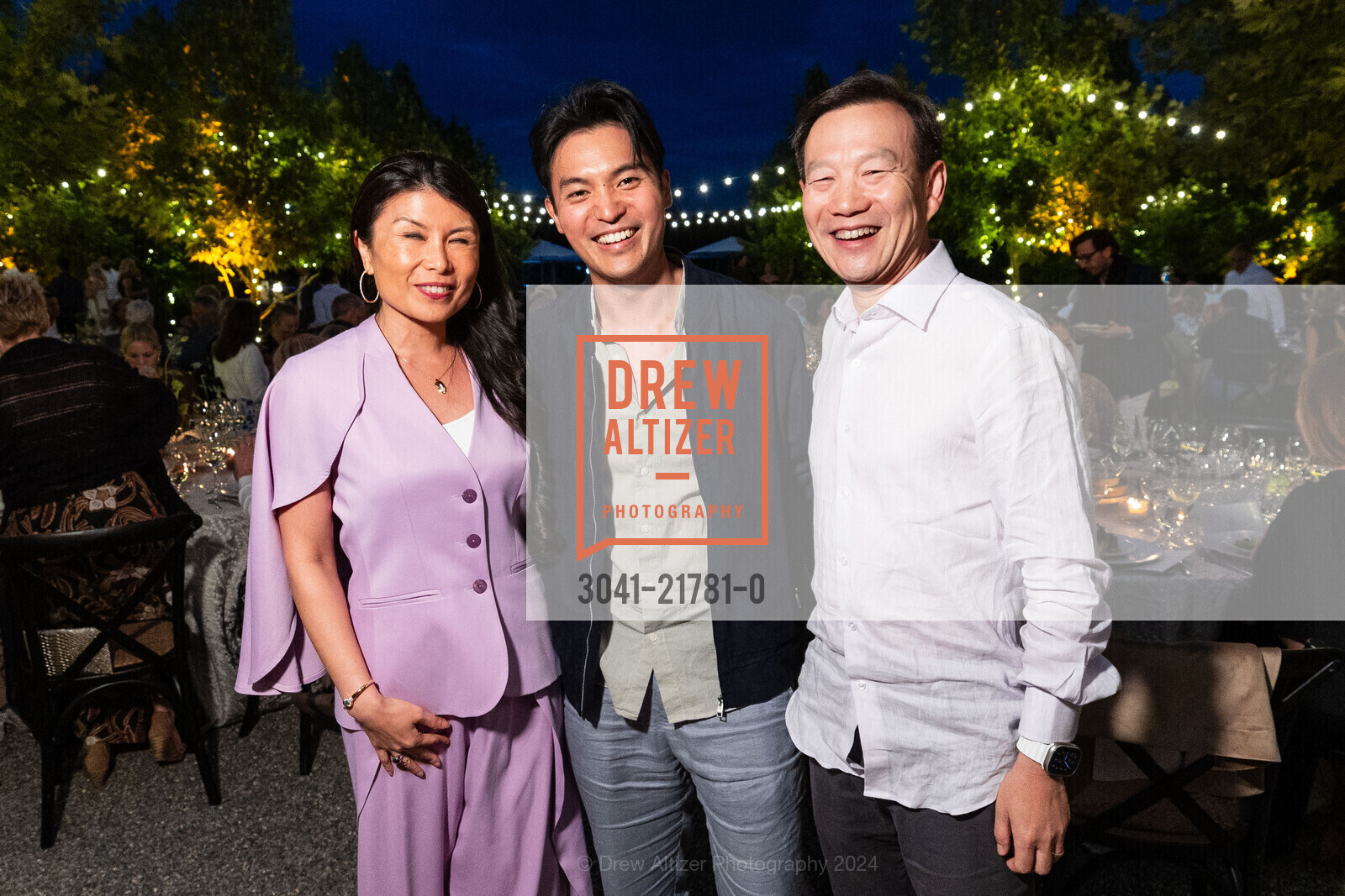Sally Yu, Ray Chen, Jeff Shen, Patron Dinner at ONEHOPE Winery for Festival Napa Valley 2024, ONEHOPE. 8301 St Helena Hwy, Napa, CA 94558 US, July 13th, 2024, Photo #3041-21781-0 Sally Yu, Ray Chen, Jeff Shen, Photo #3041-21781-0
