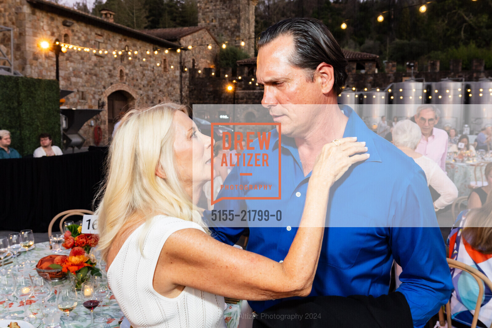 Joann Serafini, Mark Gustavson, Patron Dinner at Castello di Amorosa for Festival Napa Valley 2024, Charles Krug. 2800 Main St, St Helena, CA 94574 US, July 19th, 2024, Photo #5155-21799-0 Joann Serafini, Mark Gustavson, Photo #5155-21799-0