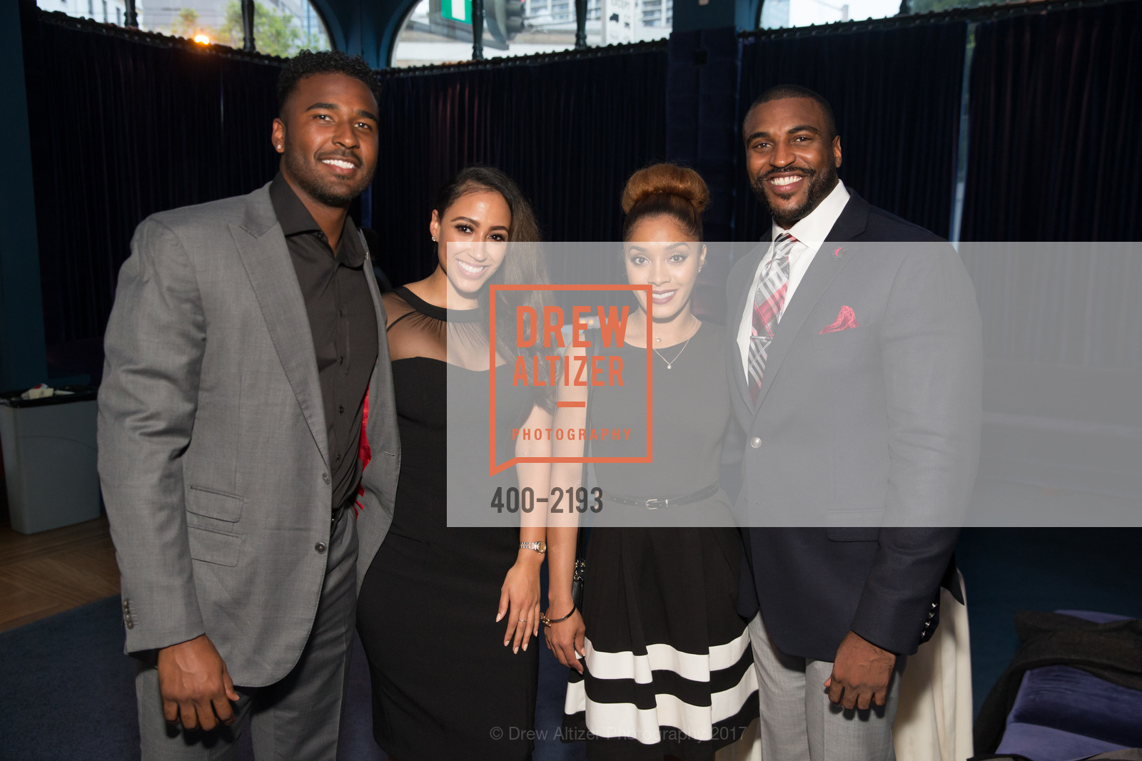 EJ Manuel, Marqui Lyons, Shavonne Horton, Patrick Powell, Damon Runyon Cancer Research Foundation's Benefit Performance of Hamilton, Orpheum Theatre, Blue Room. 1192 Market Street, May 16th, 2017, Photo #400-2193 EJ Manuel, Marqui Lyons, Shavonne Horton, Patrick Powell, Photo #400-2193