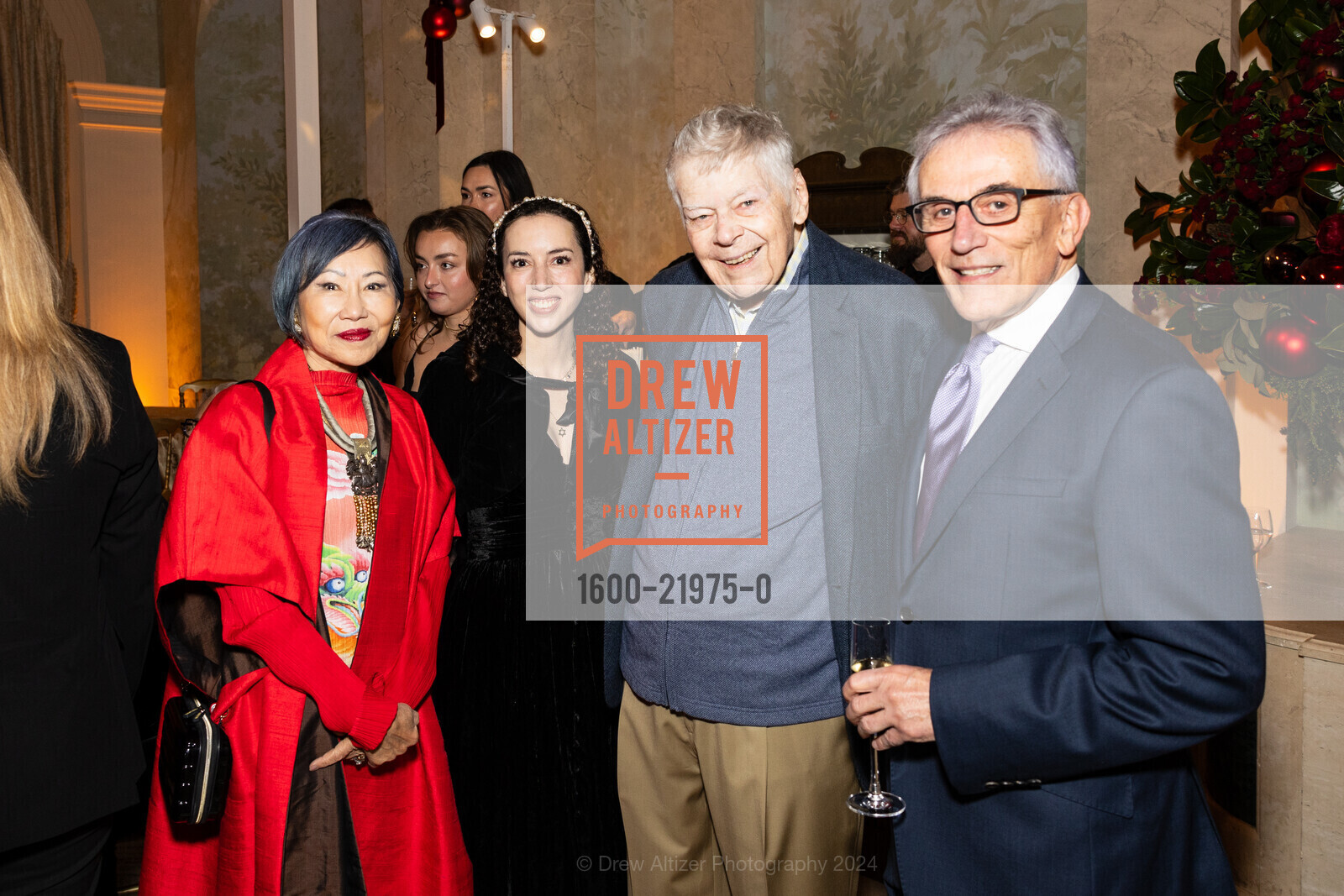 Amy Tan, Nicolette Getty, Gordon P. Getty, Lou DeMattei, Getty Holiday Event, Private Residence, December 14th, 2024, Photo #1600-21975-0 Amy Tan, Nicolette Getty, Gordon P. Getty, Lou DeMattei, Photo #1600-21975-0
