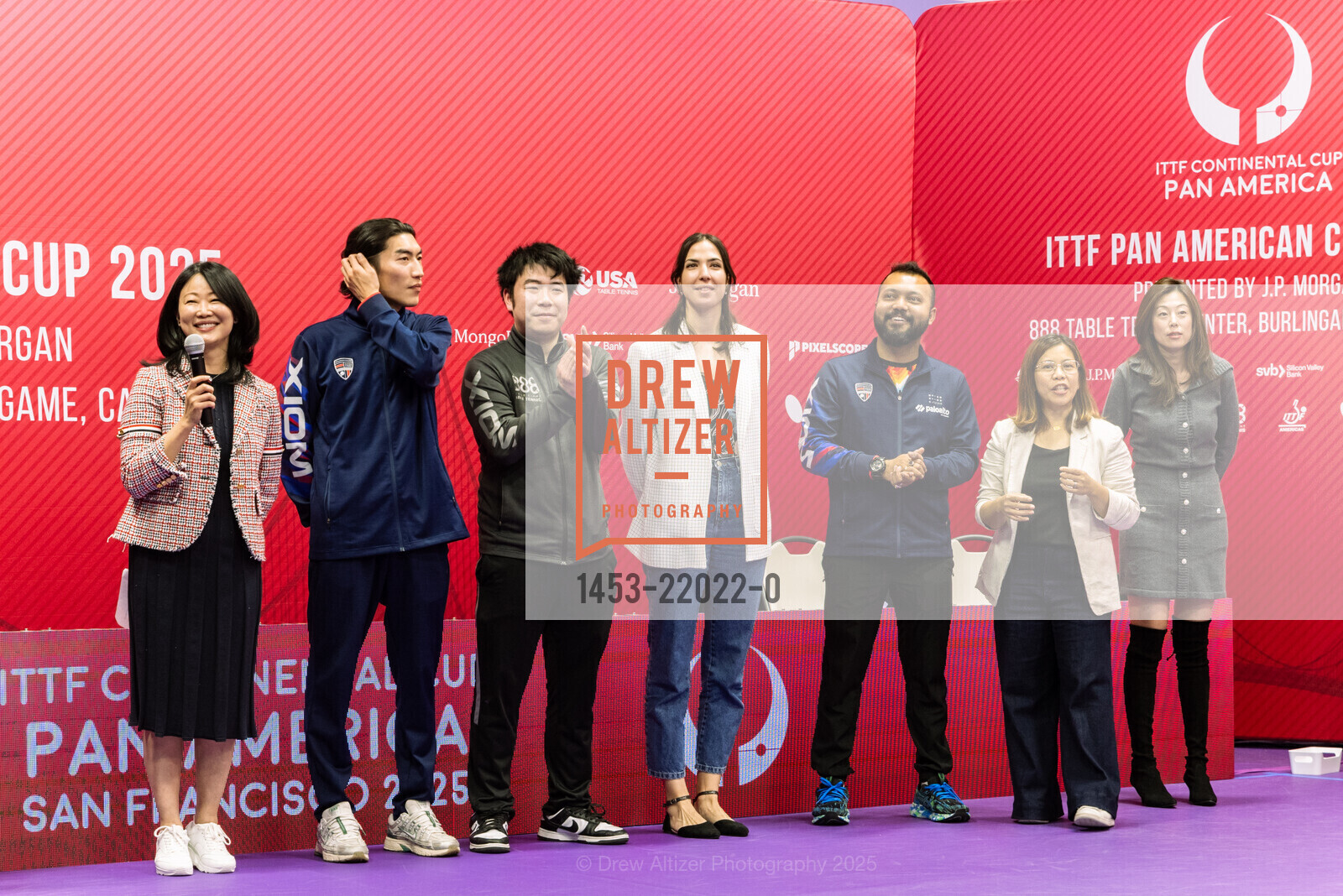 Huifen Chan, Hyodong Song, Felix Li, Angelina Ispirian, Rean Borromeo, Maggie Tian, ITTF Pan-American Cup presented by J.P. Morgan, 888 Table Tennis Center. 888 Hinckley Rd., Burlingame, CA 94010, February 23rd, 2025, Photo #1453-22022-0 Huifen Chan, Hyodong Song, Felix Li, Angelina Ispirian, Rean Borromeo, Maggie Tian, Photo #1453-22022-0