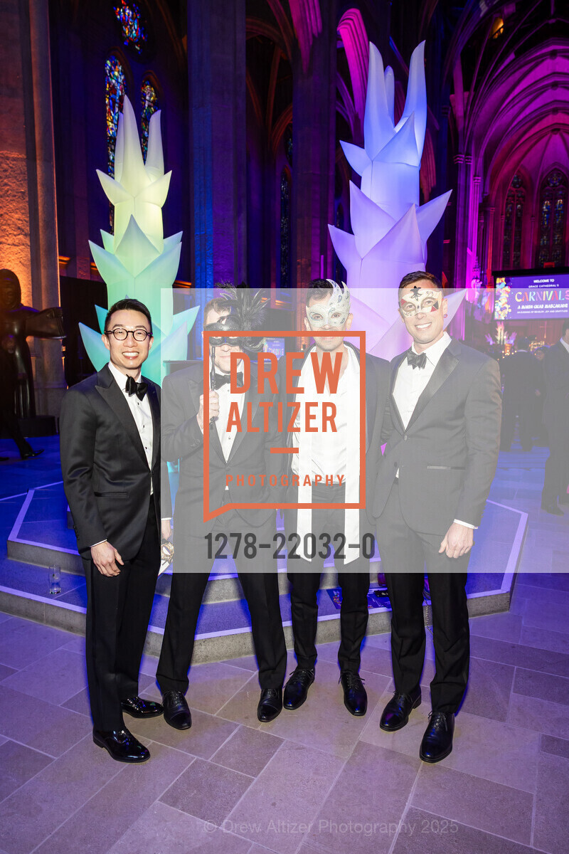 Clement Xue, Ryan Barrett, David Monroy, Nick Kephart, Grace Cathedral's CARNIVALE: A Mardi Gras Masquerade, Grace Cathedral. 1100 California St, March 4th, 2025, Photo #1278-22032-0 Clement Xue, Ryan Barrett, David Monroy, Nick Kephart, Photo #1278-22032-0