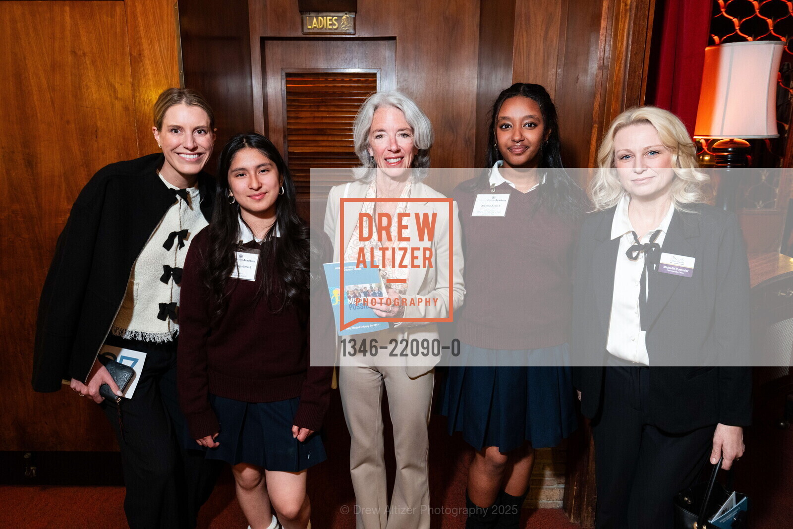 Michaela Lalanne, Brittany Aguilera, Sue Robbins, Arsema Aron, Michelle Pommier, Mission Dolores Academy Fundraiser, 1025 Columbus Avenue. 1025 Columbus Avenue, April 10th, 2025, Photo #1346-22090-0 Michaela Lalanne, Brittany Aguilera, Sue Robbins, Arsema Aron, Michelle Pommier, Photo #1346-22090-0
