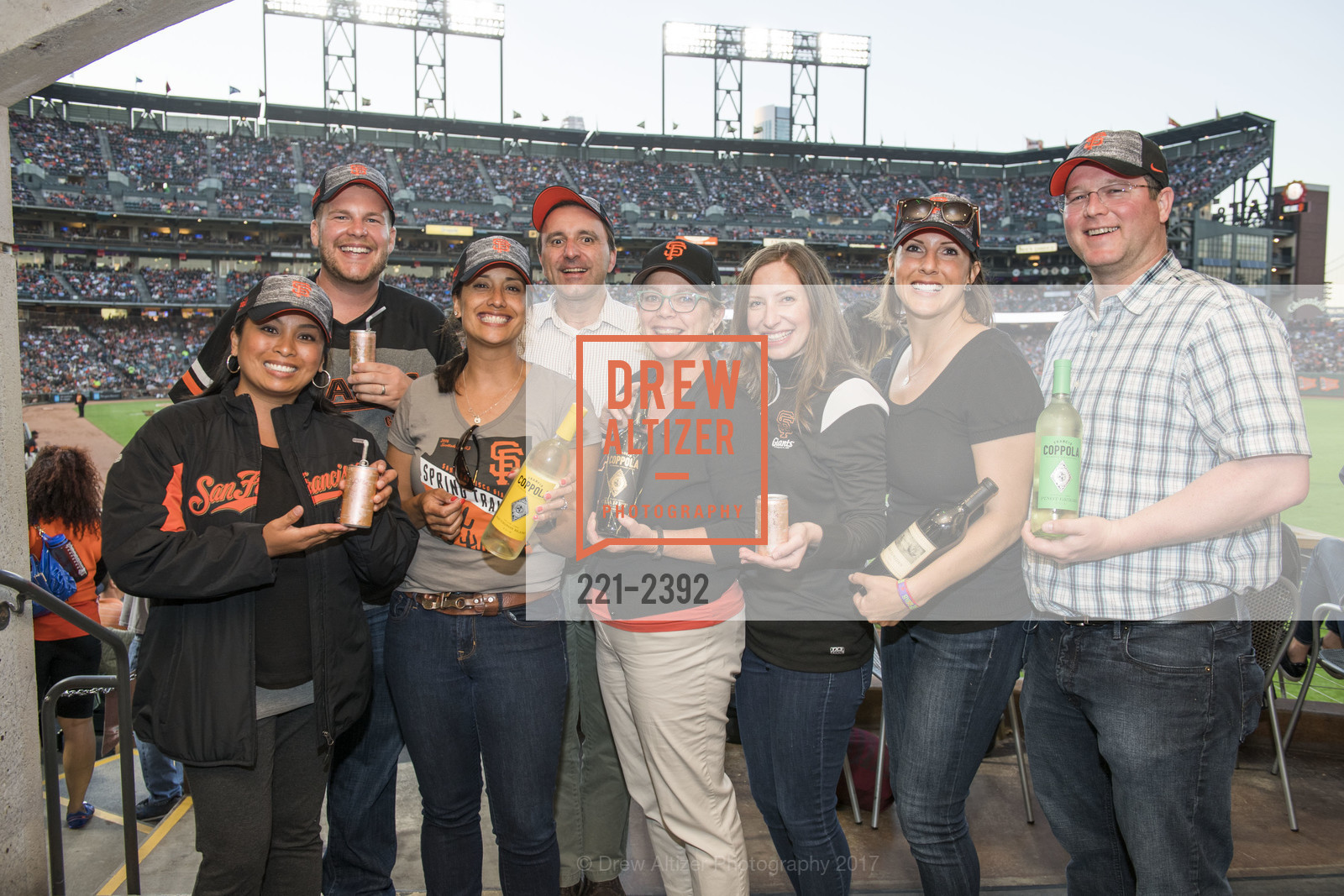 Tondi Bolkan, Ryan Stapleton, Sandy Walheim, Francois Cordesse, Lise Asimont, Megan Rech, Jordan Costello, Evan Schiff, Francis Ford Coppola Winery's Diamond on the Diamond 2017, AT&T Park, SF Giants Virgin America Loft, July 7th, 2017, Photo #221-2392 Tondi Bolkan, Ryan Stapleton, Sandy Walheim, Francois Cordesse, Lise Asimont, Megan Rech, Jordan Costello, Evan Schiff, Photo #221-2392