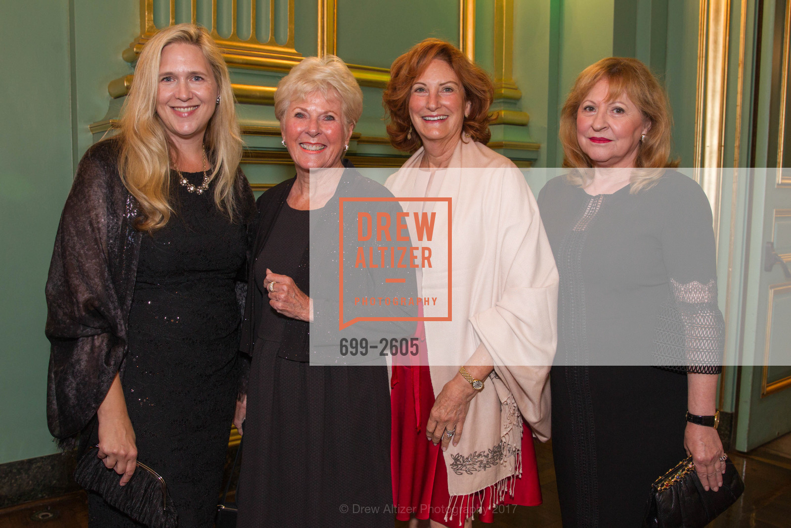 Cara Lemire, Kay Evans, Sandy Bosley, Helga Horner, ICAA Inaugural Legacy Dinner Honoring Suzanne Tucker, Veterans Building, Green Room. 401 Van Ness Avenue, September 18th, 2017, Photo #699-2605 Cara Lemire, Kay Evans, Sandy Bosley, Helga Horner, Photo #699-2605