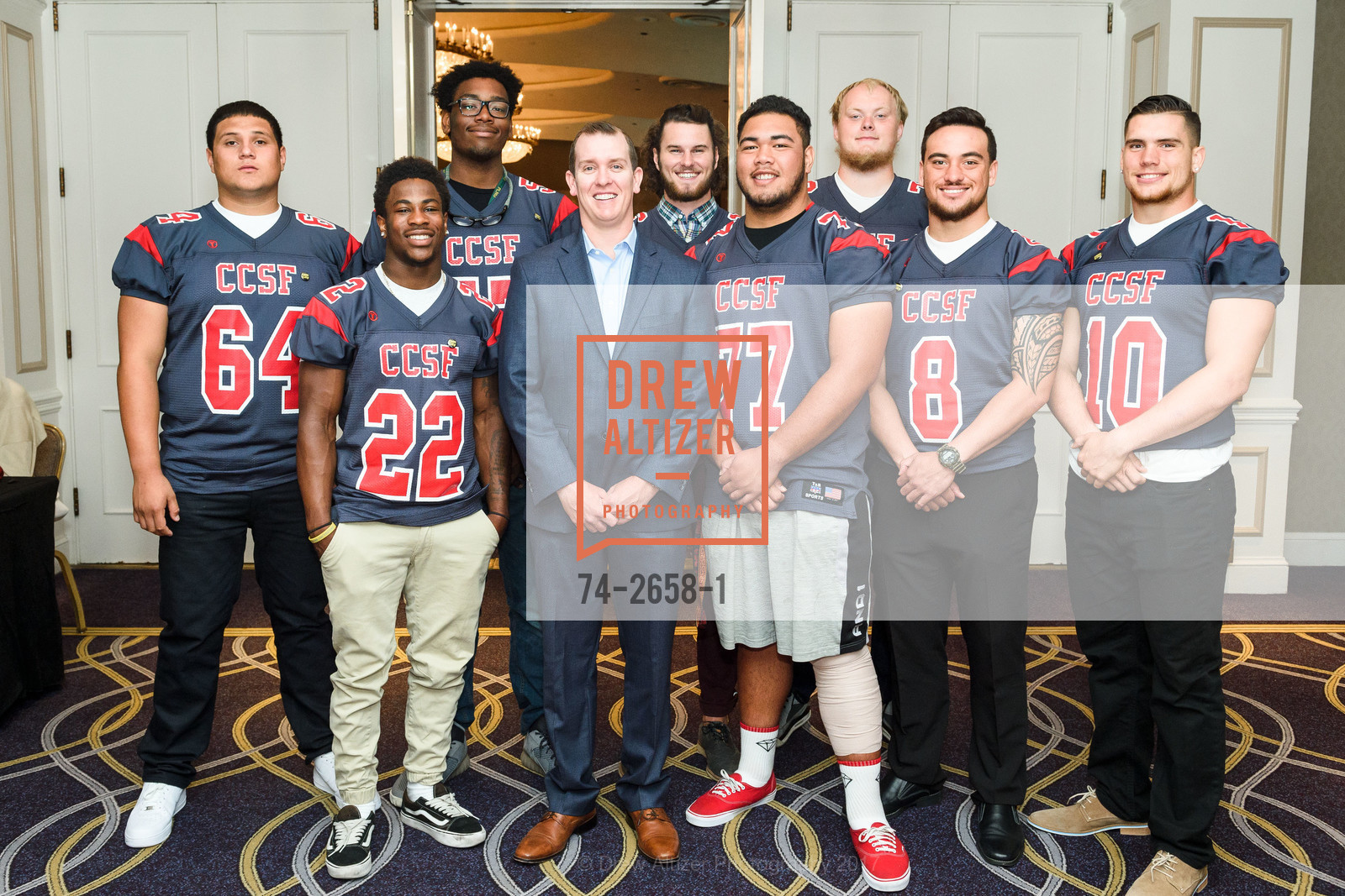 Miguel Camacho, Ernest Moore, Isaiah Floyd, Jimmy Collins, Sean Duffy, Danniel Sulunga, Jonas Haderup, Zach Masoli, Kobie Beltram, City College of San Francisco Basic Skills Luncheon 2017, Fairmont Hotel. 950 Mason St, October 3rd, 2017, Photo #74-2658-1 Miguel Camacho, Ernest Moore, Isaiah Floyd, Jimmy Collins, Sean Duffy, Danniel Sulunga, Jonas Haderup, Zach Masoli, Kobie Beltram, Photo #74-2658-1
