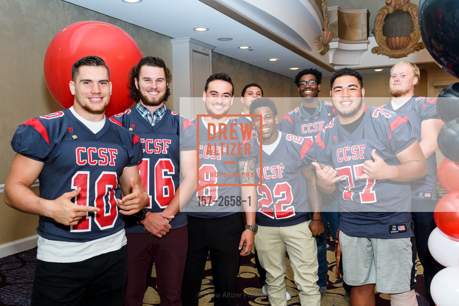 Kobie Beltram, Sean Duffy, Zach Masoli, Isaiah Floyd, Ernest Moore, Jonas Haderup, City College of San Francisco Basic Skills Luncheon 2017, Fairmont Hotel. 950 Mason St, October 3rd, 2017, Photo #157-2658-1 Kobie Beltram, Sean Duffy, Zach Masoli, Isaiah Floyd, Ernest Moore, Jonas Haderup, Photo #157-2658-1