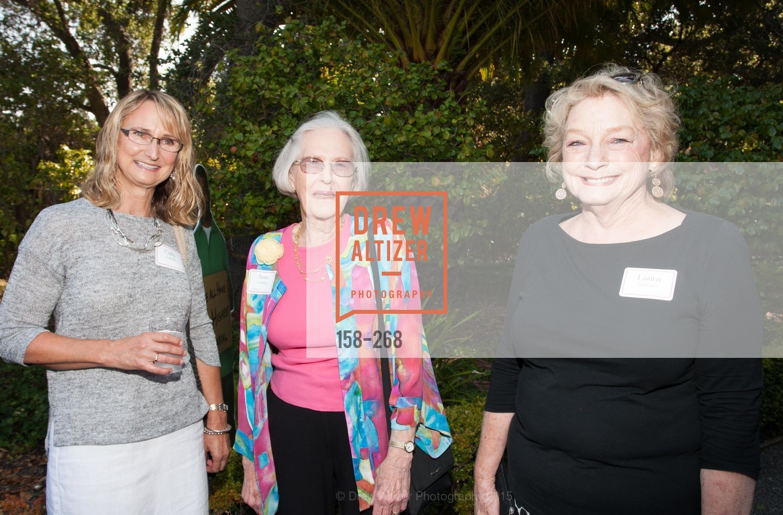 Kathy Goshorn, Anne Goulding, Laura Hubbard, Gucci & Vogue Dinner, 2135 Ralston Avenue. 2135 Ralston Avenue, August 30th, 2015, Photo #158-268 Kathy Goshorn, Anne Goulding, Laura Hubbard, Photo #158-268