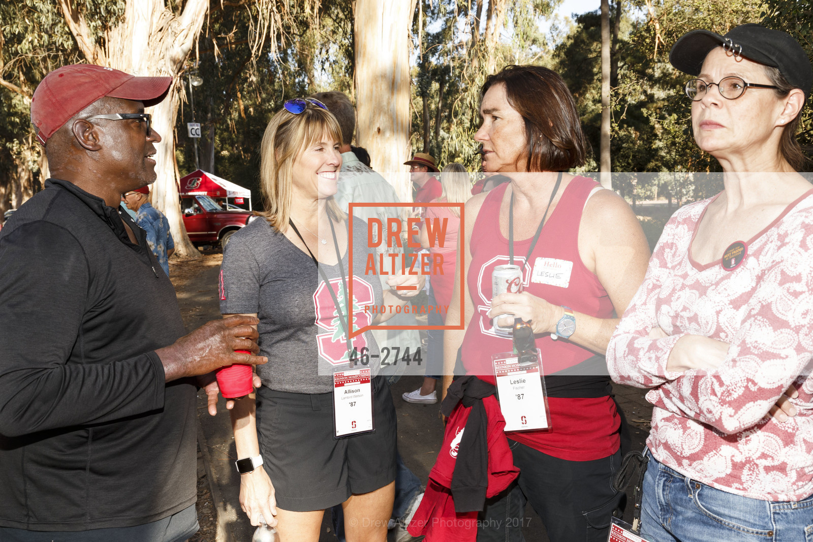 Spike Smith, Allison Watson, Leslie Fischer, Stanford Re-Union Luau Tailgate party 2017, Lausen Picnic Area at Stanford. (SE corner of Lasuen Ave. and Campus Drive), October 14th, 2017, Photo #46-2744 Spike Smith, Allison Watson, Leslie Fischer, Photo #46-2744