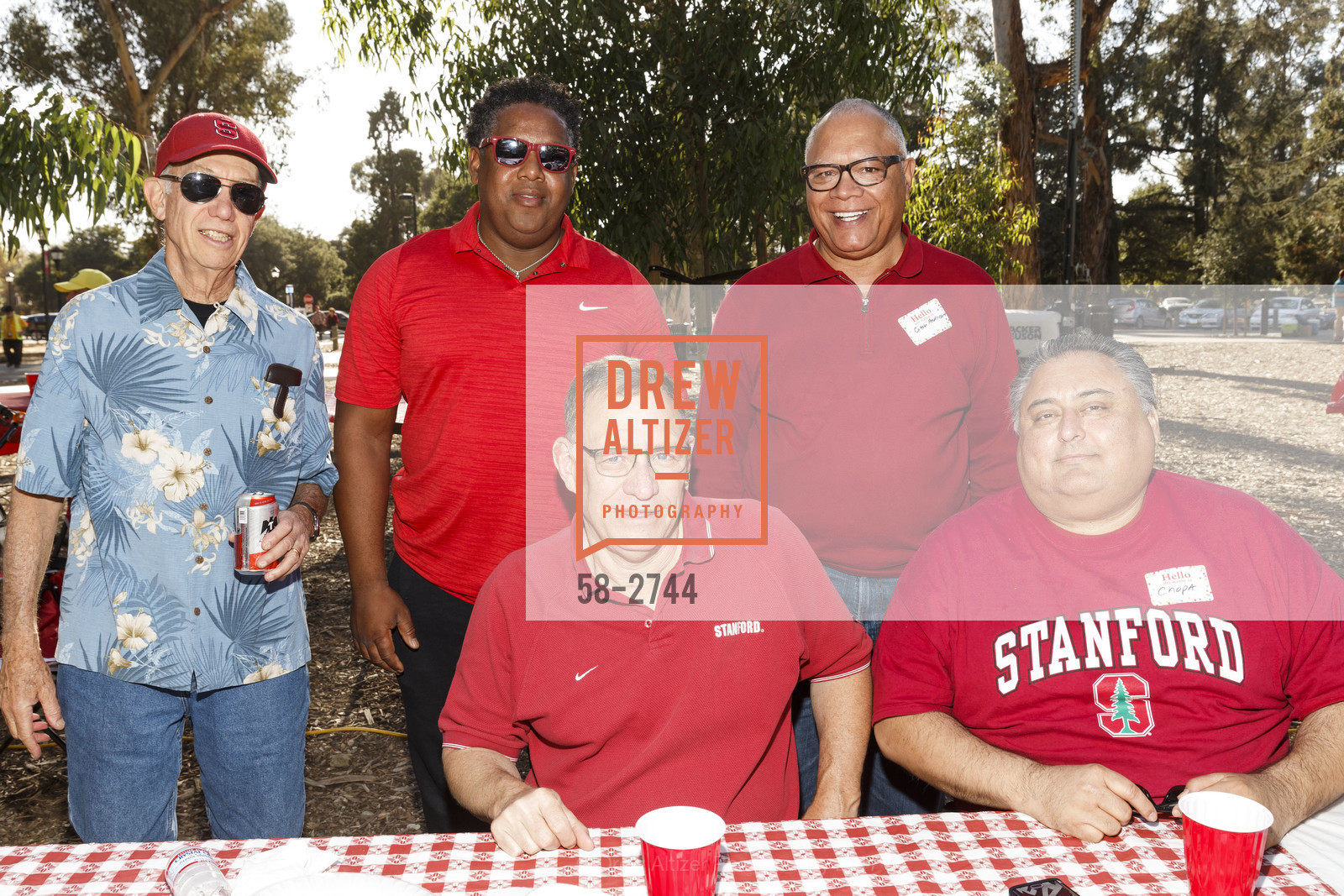 John Spates, David Jordan, Jim Anderson, Ramon Chapa, Stanford Re-Union Luau Tailgate party 2017, Lausen Picnic Area at Stanford. (SE corner of Lasuen Ave. and Campus Drive), October 14th, 2017, Photo #58-2744 John Spates, David Jordan, Jim Anderson, Ramon Chapa, Photo #58-2744