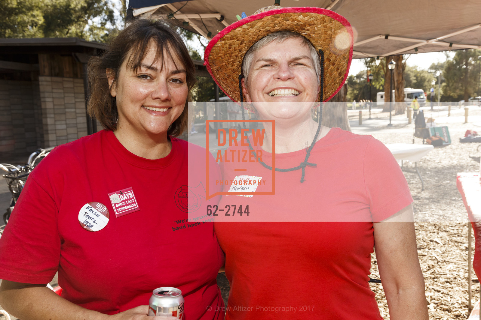 Karen Tenrz, Maureen Jordan, Stanford Re-Union Luau Tailgate party 2017, Lausen Picnic Area at Stanford. (SE corner of Lasuen Ave. and Campus Drive), October 14th, 2017, Photo #62-2744 Karen Tenrz, Maureen Jordan, Photo #62-2744
