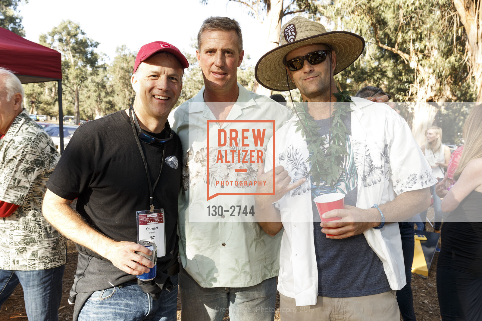 Stewart Patrick, John Paye, Sam Neff, Stanford Re-Union Luau Tailgate party 2017, Lausen Picnic Area at Stanford. (SE corner of Lasuen Ave. and Campus Drive), October 14th, 2017, Photo #130-2744 Stewart Patrick, John Paye, Sam Neff, Photo #130-2744
