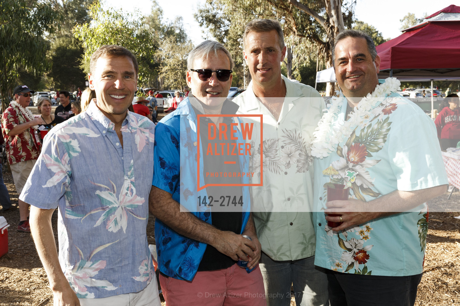 Robert Simon, Tom Drelles, John Paye, James Tuleya, Stanford Re-Union Luau Tailgate party 2017, Lausen Picnic Area at Stanford. (SE corner of Lasuen Ave. and Campus Drive), October 14th, 2017, Photo #142-2744 Robert Simon, Tom Drelles, John Paye, James Tuleya, Photo #142-2744