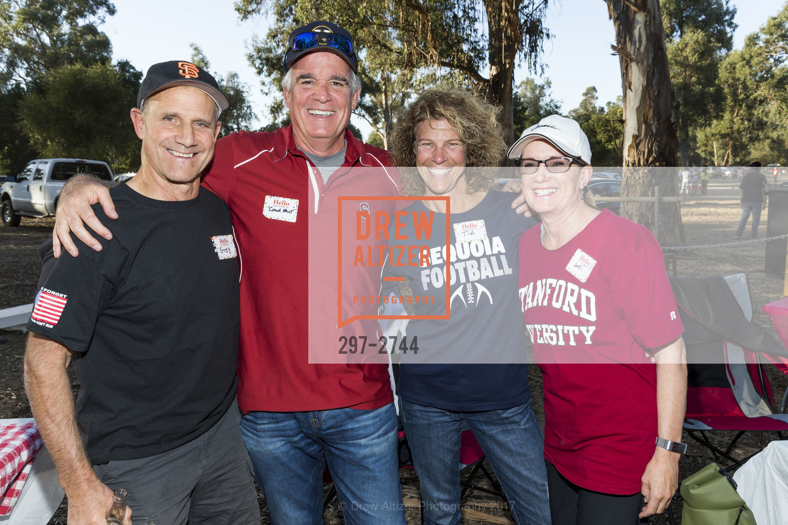 Greg Knuedler, Greg Hart, Tia Kneudler, Lori Hart, Stanford Re-Union Luau Tailgate party 2017, Lausen Picnic Area at Stanford. (SE corner of Lasuen Ave. and Campus Drive), October 14th, 2017, Photo #297-2744 Greg Knuedler, Greg Hart, Tia Kneudler, Lori Hart, Photo #297-2744
