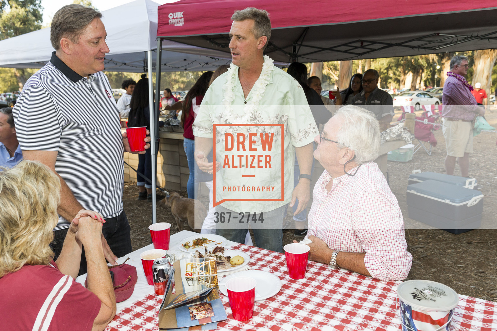 Jim Rutter, John Paye, Chuck Wilson, Stanford Re-Union Luau Tailgate party 2017, Lausen Picnic Area at Stanford. (SE corner of Lasuen Ave. and Campus Drive), October 14th, 2017, Photo #367-2744 Jim Rutter, John Paye, Chuck Wilson, Photo #367-2744