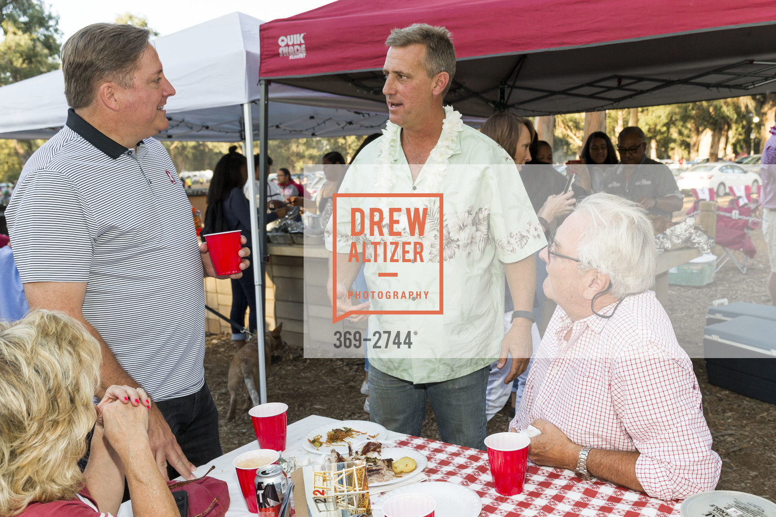 Jim Rutter, John Paye, Chuck Wilson, Stanford Re-Union Luau Tailgate party 2017, Lausen Picnic Area at Stanford. (SE corner of Lasuen Ave. and Campus Drive), October 14th, 2017, Photo #369-2744 Jim Rutter, John Paye, Chuck Wilson, Photo #369-2744